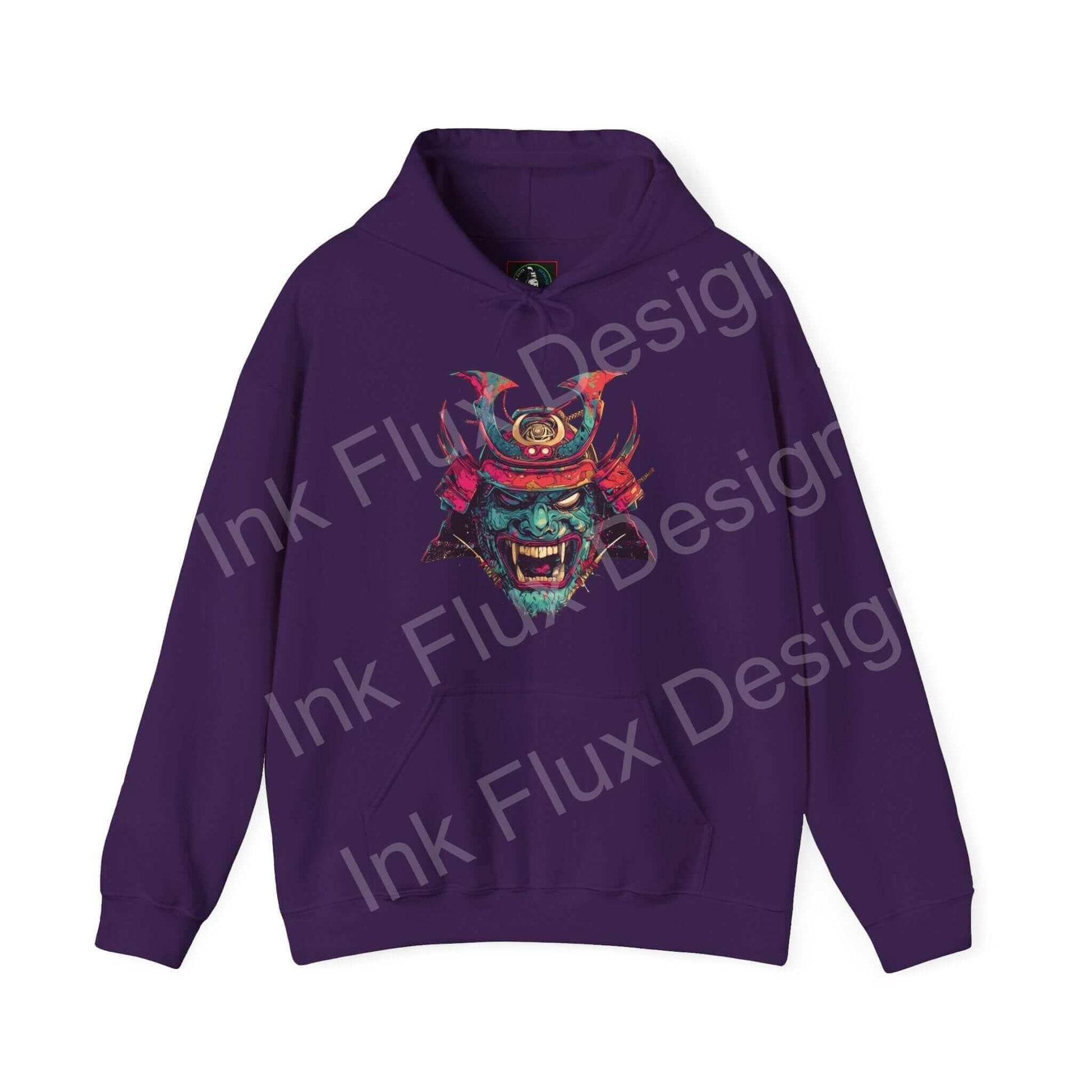 Purple Samurai Mask graphic hoodie featuring bold, colorful design on heavy-blend fabric, ideal for style and warmth.