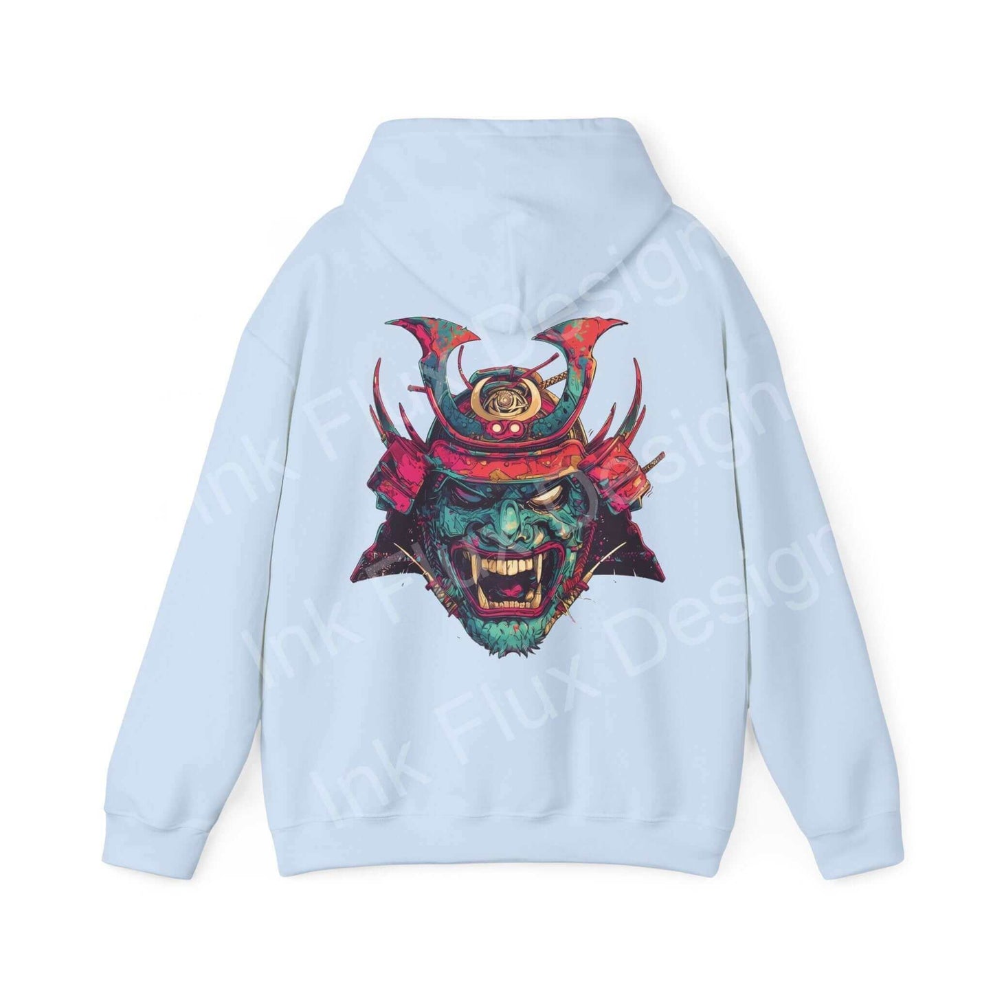 Light blue Samurai Mask hooded sweatshirt with bold graphic design on back, ideal for stylish comfort and warmth.