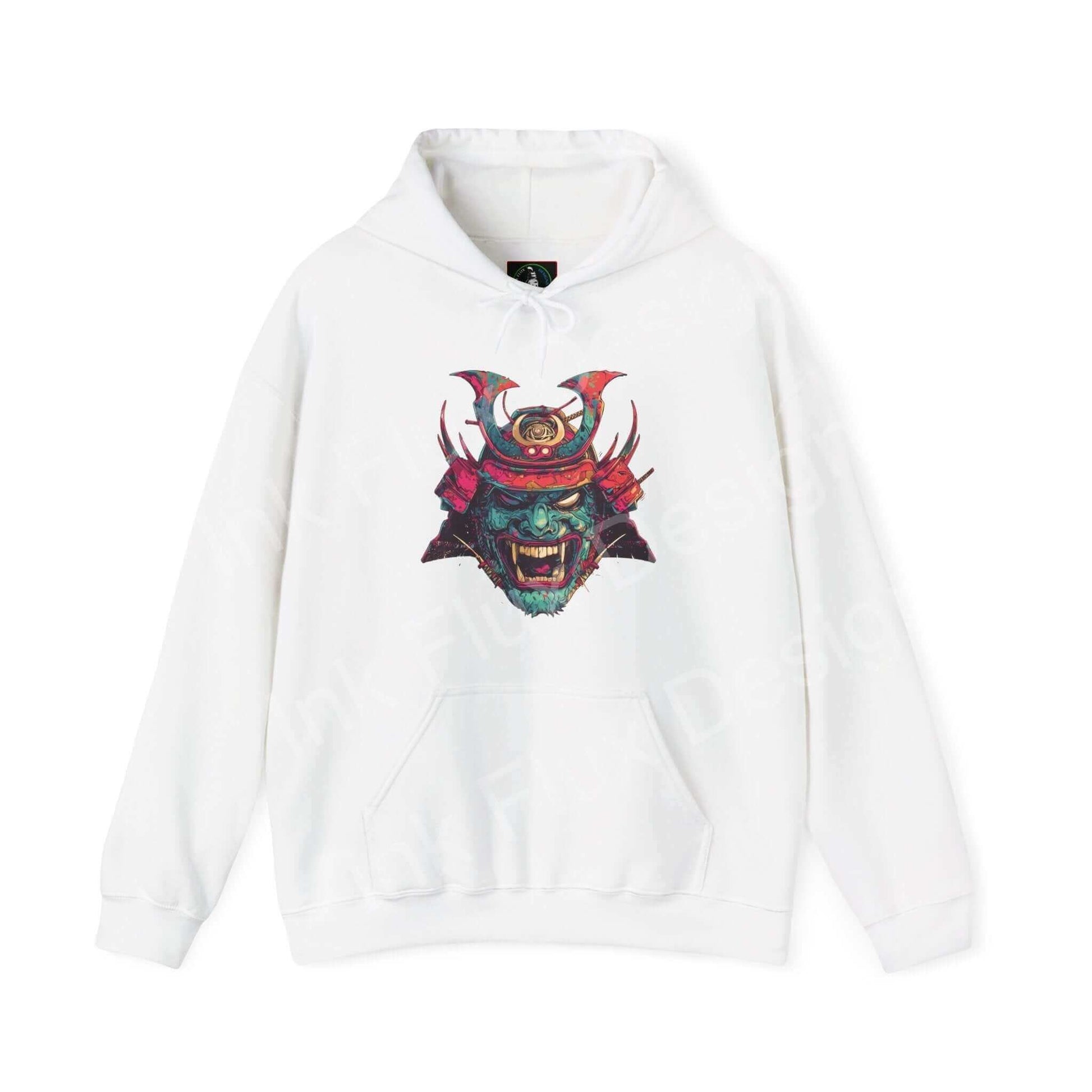 White Samurai Mask graphic hoodie featuring bold, colorful design on a unisex heavy-blend fabric, perfect for cool styles and warmth.