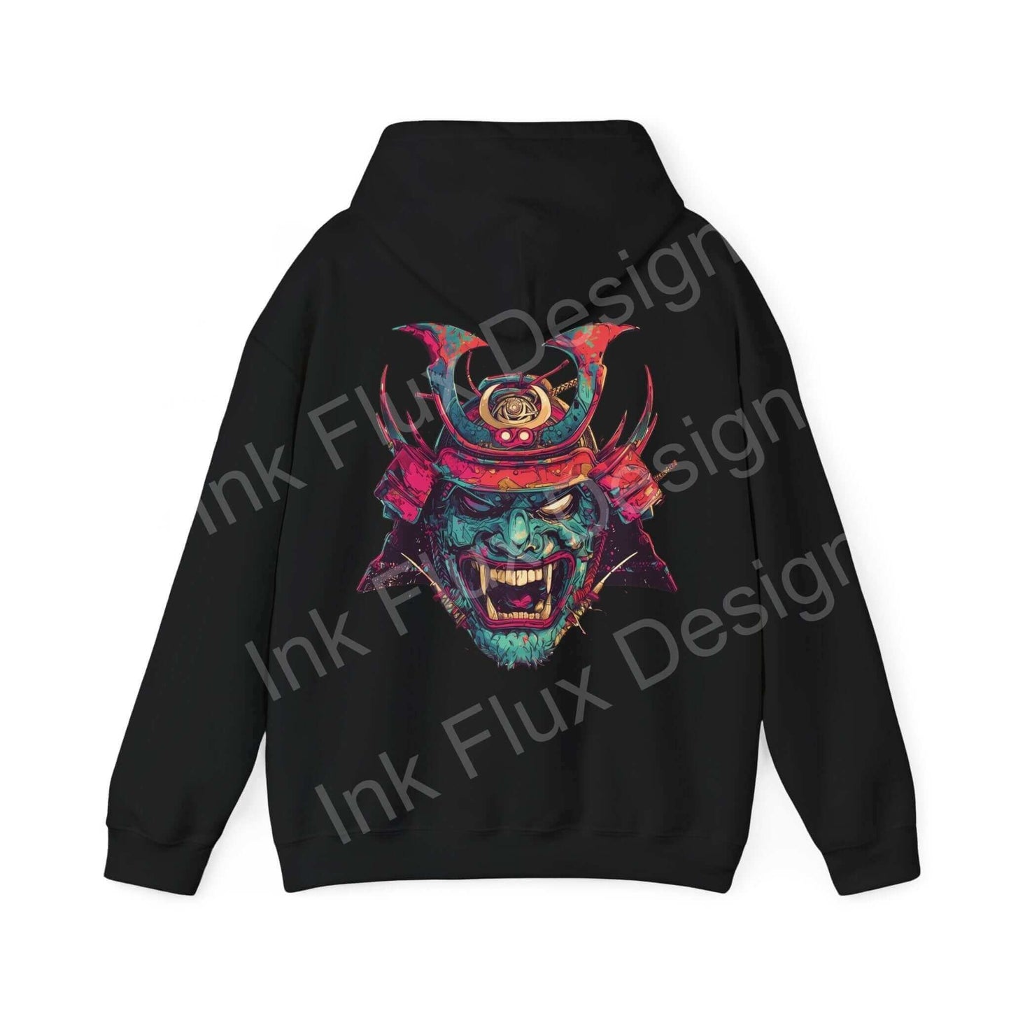 Black hooded sweatshirt featuring a vibrant, graphic samurai mask design, ideal for those who love bold hoodie styles.