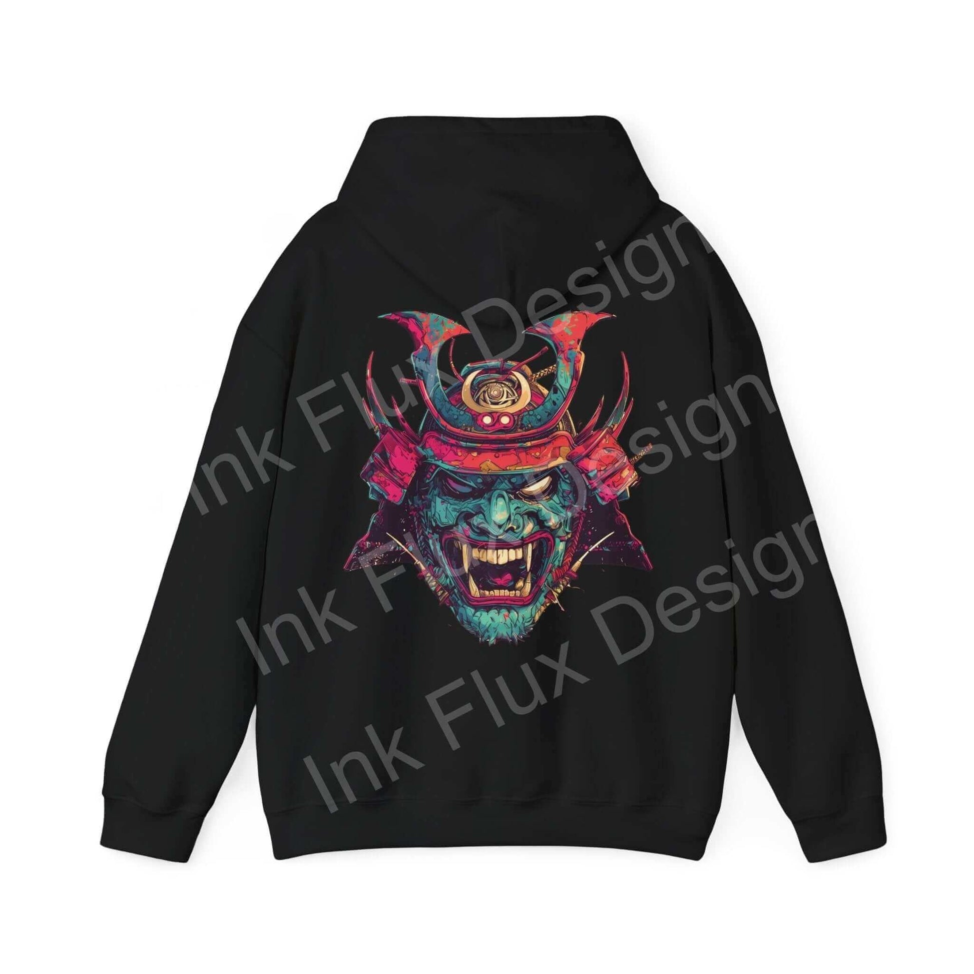 Black hooded sweatshirt featuring a vibrant, graphic samurai mask design, ideal for those who love bold hoodie styles.