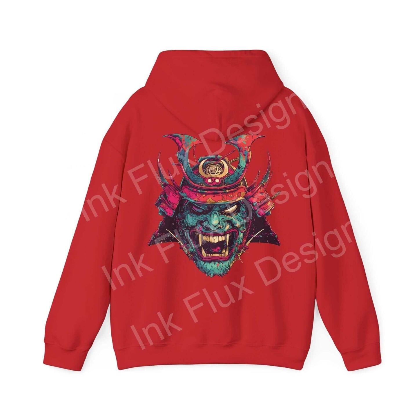 Red Samurai Mask graphic hoodie featuring bold, colorful design on back, ideal for stylish, cozy outerwear.