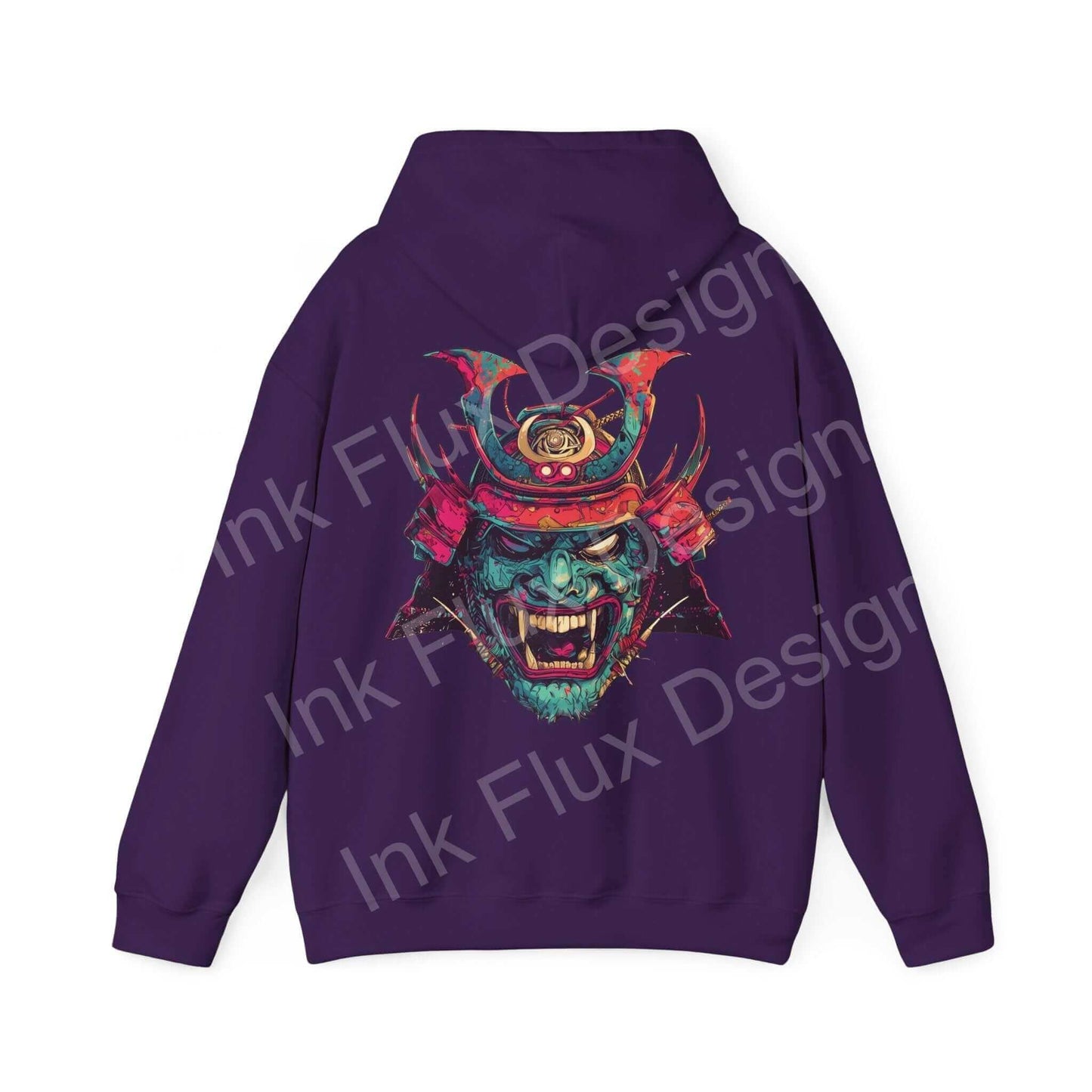 Purple Samurai Mask Hooded Sweatshirt with bold graphic design on the back, ideal for stylish comfort and durability.