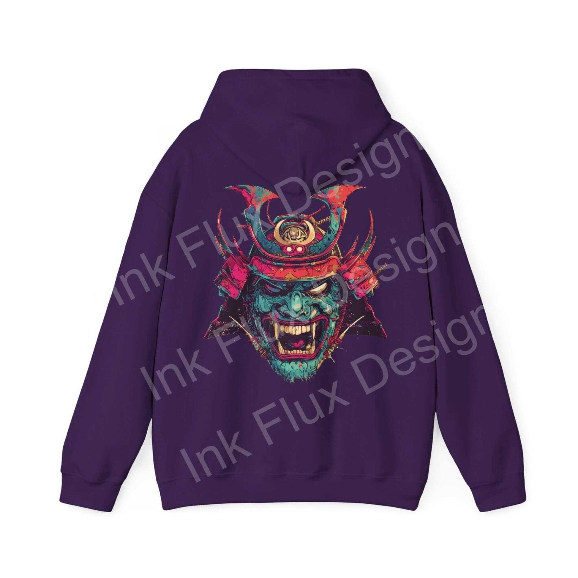 Purple Samurai Mask Hooded Sweatshirt with bold graphic design on the back, ideal for stylish comfort and durability.