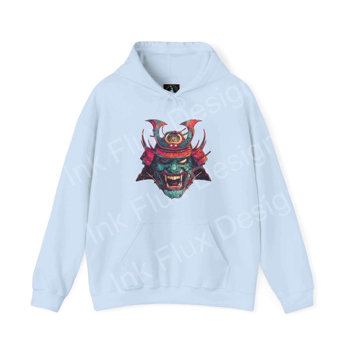 Light blue Samurai Mask graphic hoodie on white background, featuring bold, colorful design on heavy-blend fabric for style and warmth.