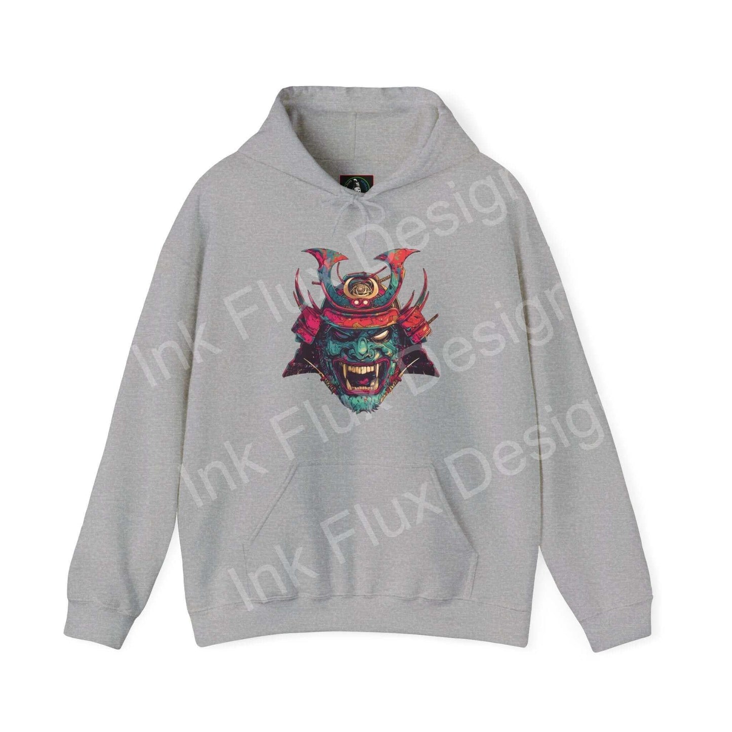 Grey Samurai Mask graphic hoodie with bold designs, ideal for style and warmth in chilly weather.