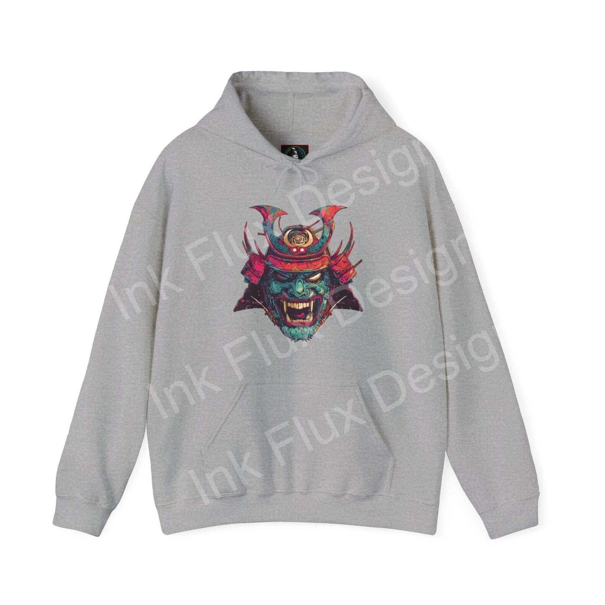 Grey Samurai Mask graphic hoodie with bold designs, ideal for style and warmth in chilly weather.