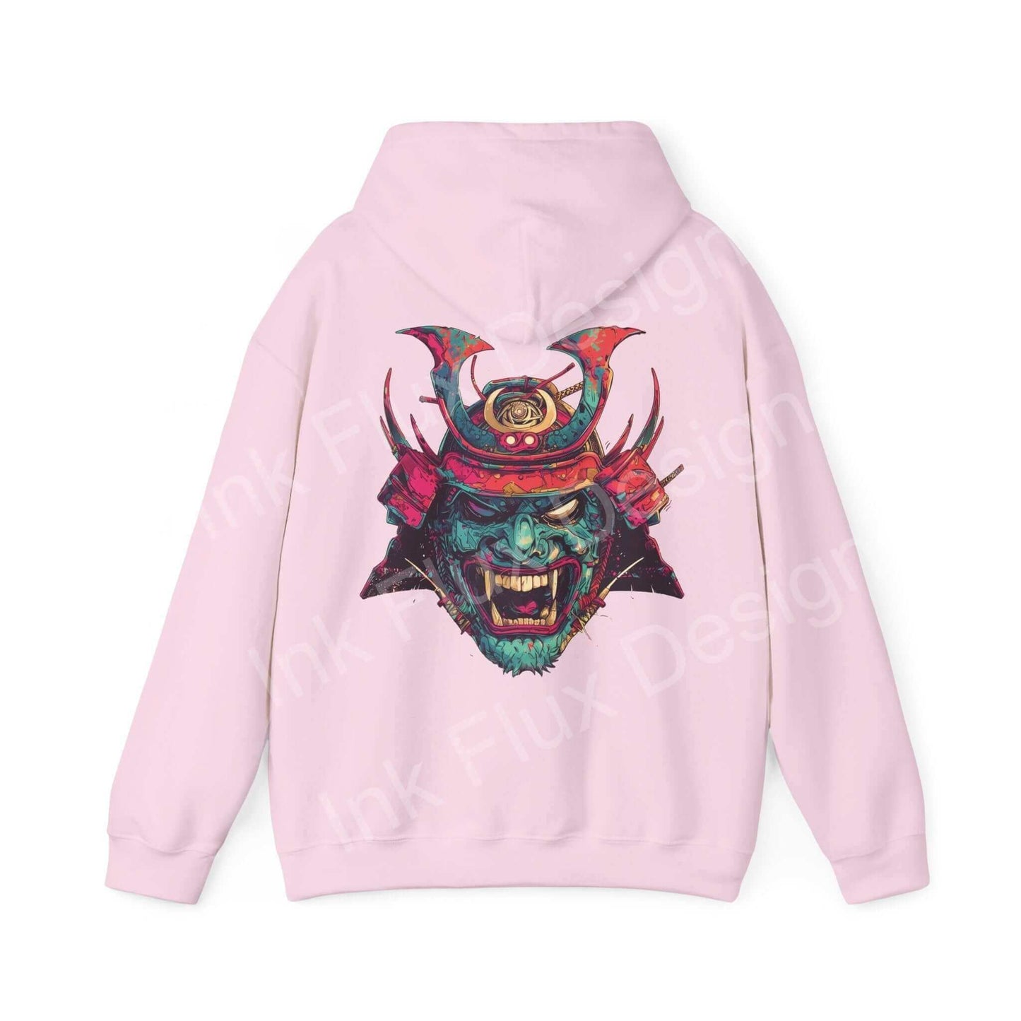 Pink Samurai Mask graphic hoodie with bold design on back, unisex heavy-blend for style and warmth.