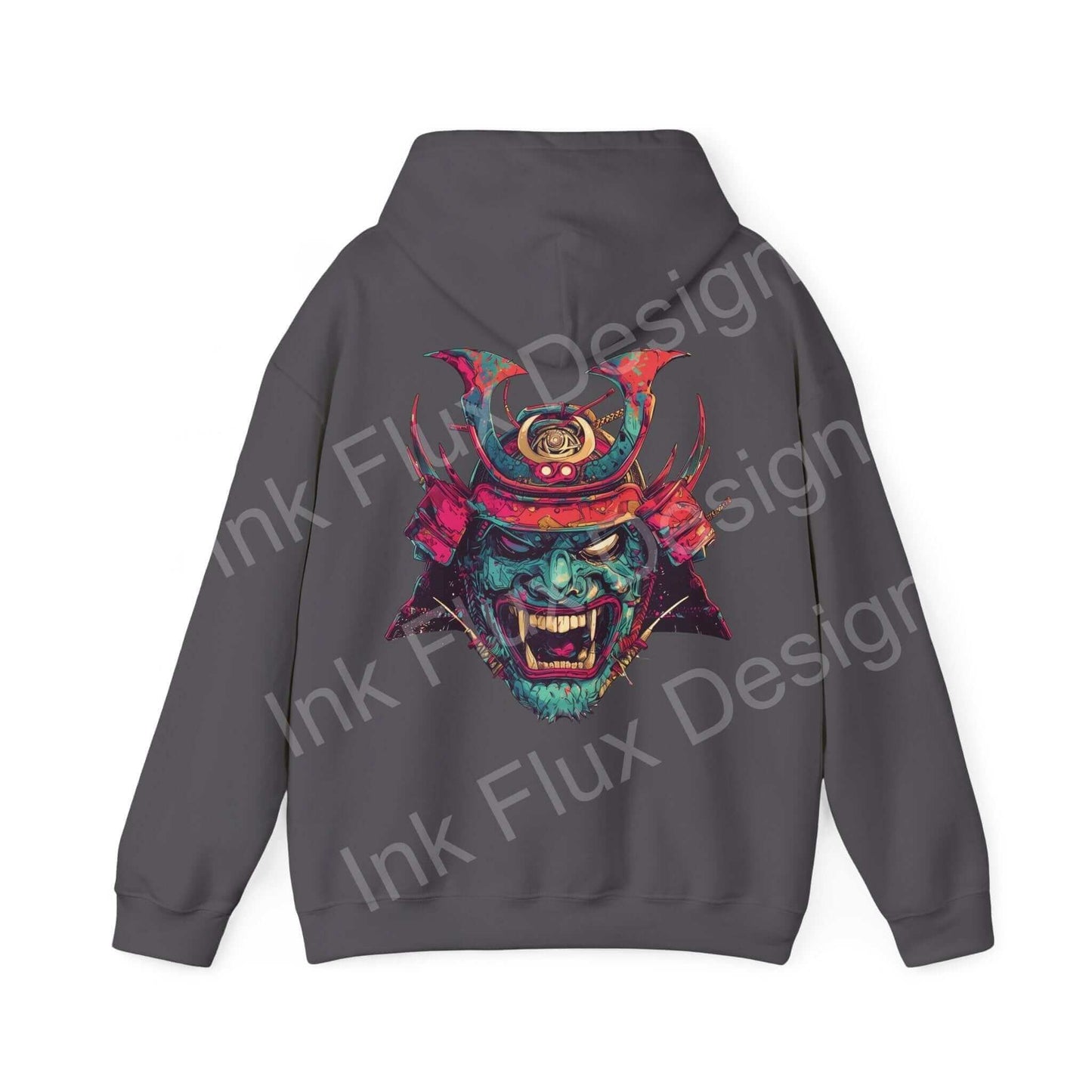 Unisex black hoodie featuring a bold graphic samurai mask design, ideal for graphic hoodies enthusiasts seeking comfort and style.