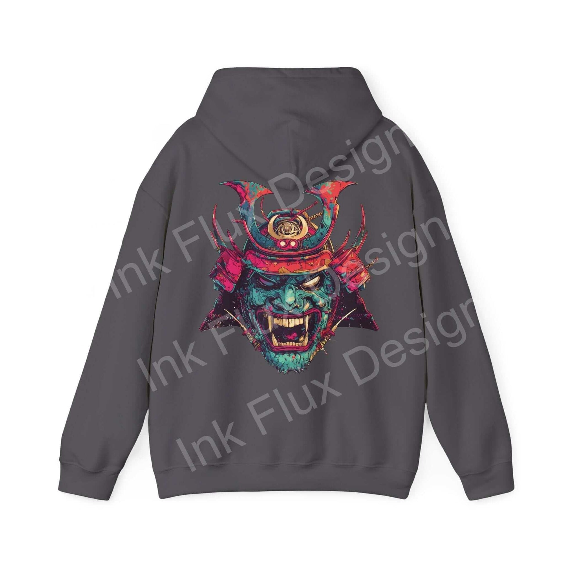 Unisex black hoodie featuring a bold graphic samurai mask design, ideal for graphic hoodies enthusiasts seeking comfort and style.