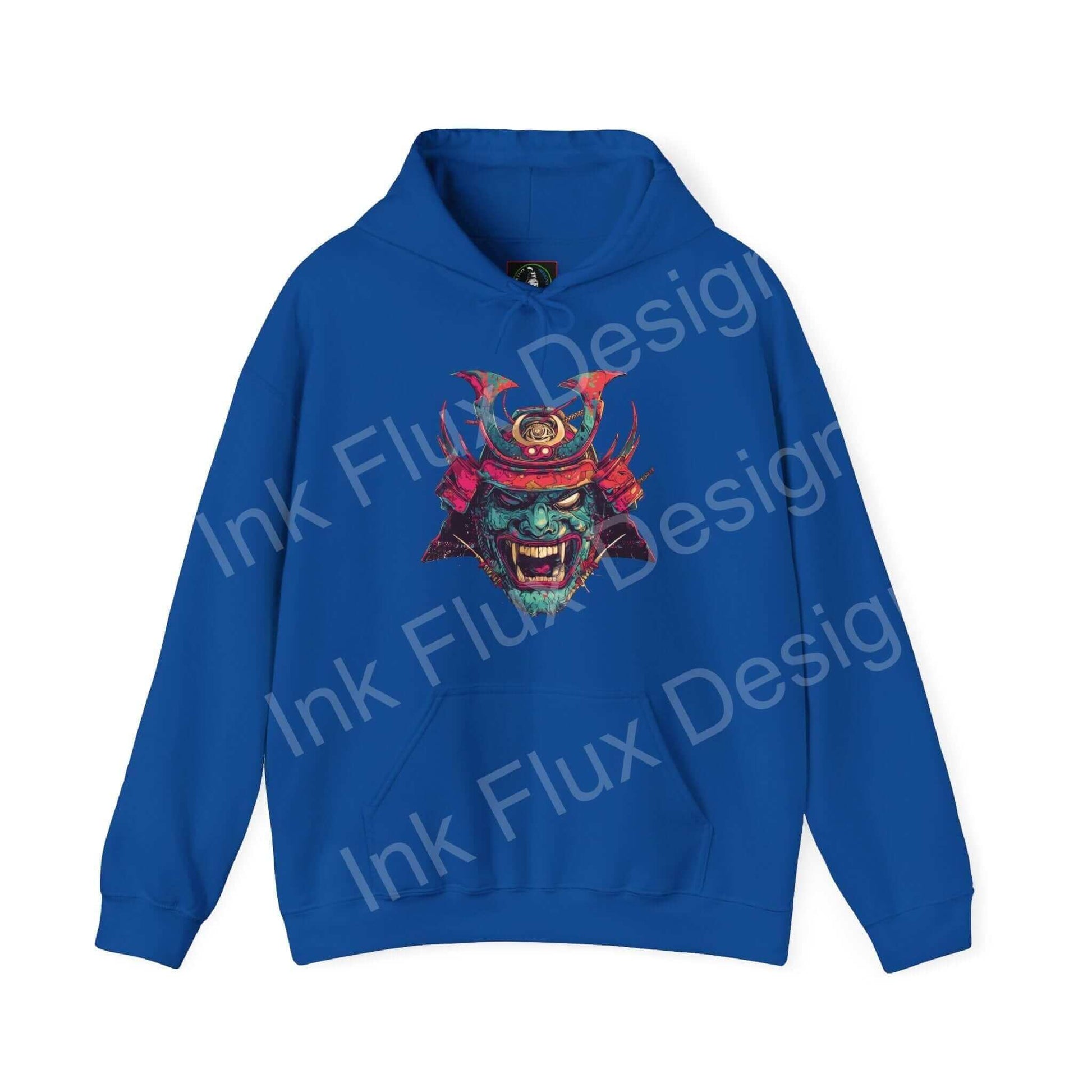 Blue Samurai Mask graphic hoodie with vibrant, bold design on quality cotton blend material for style and comfort.