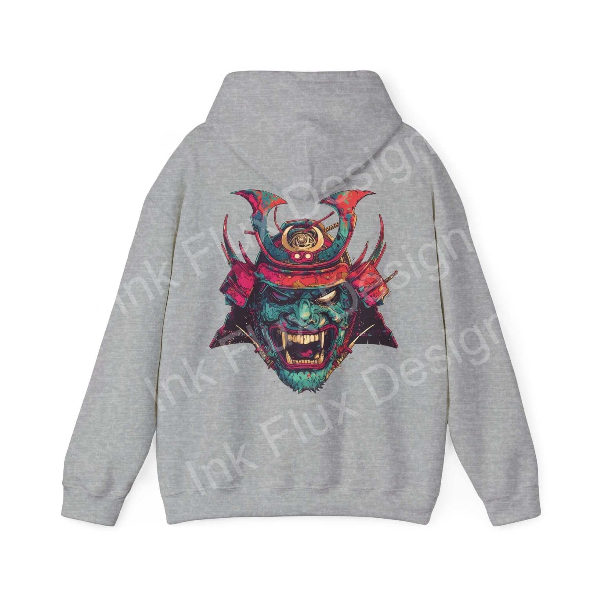 Unisex gray hooded sweatshirt featuring a bold samurai mask graphic design, ideal for a stylish, cozy look.