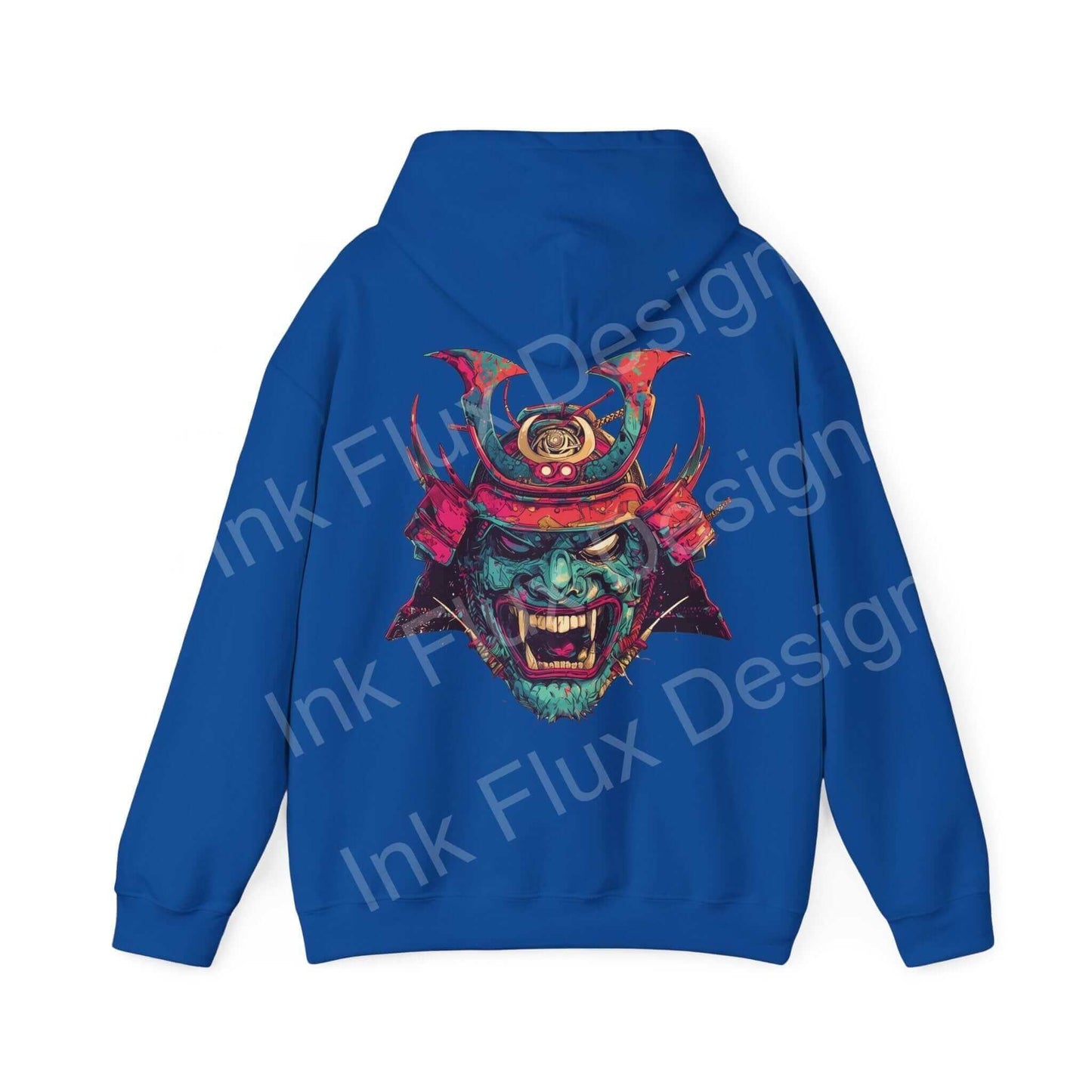 Blue Samurai Mask Hooded Sweatshirt with bold graphic design on back, combining style and comfort in unisex apparel