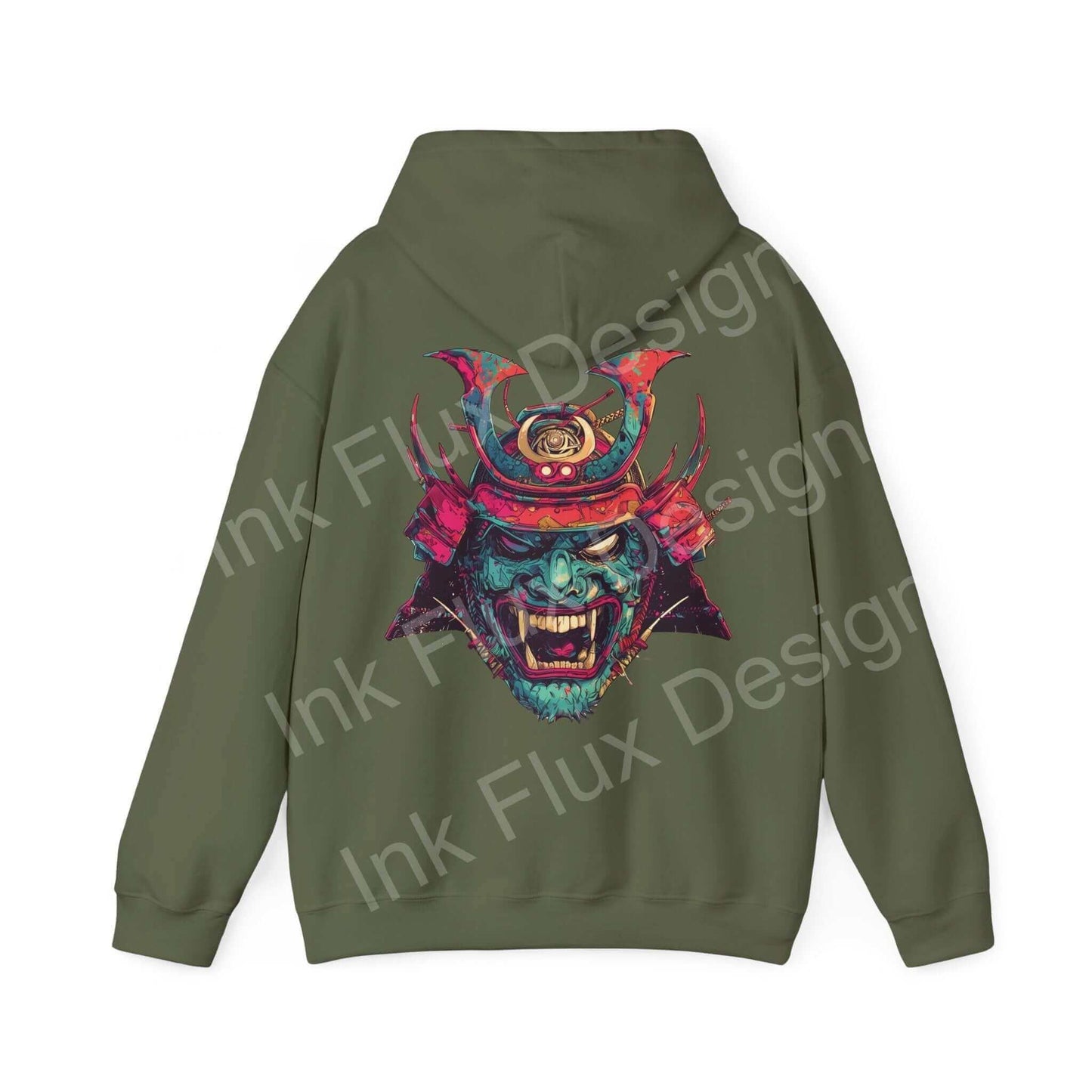 Olive green Samurai Mask graphic hoodie featuring bold, colorful design on the back, ideal for stylish, cozy wear.