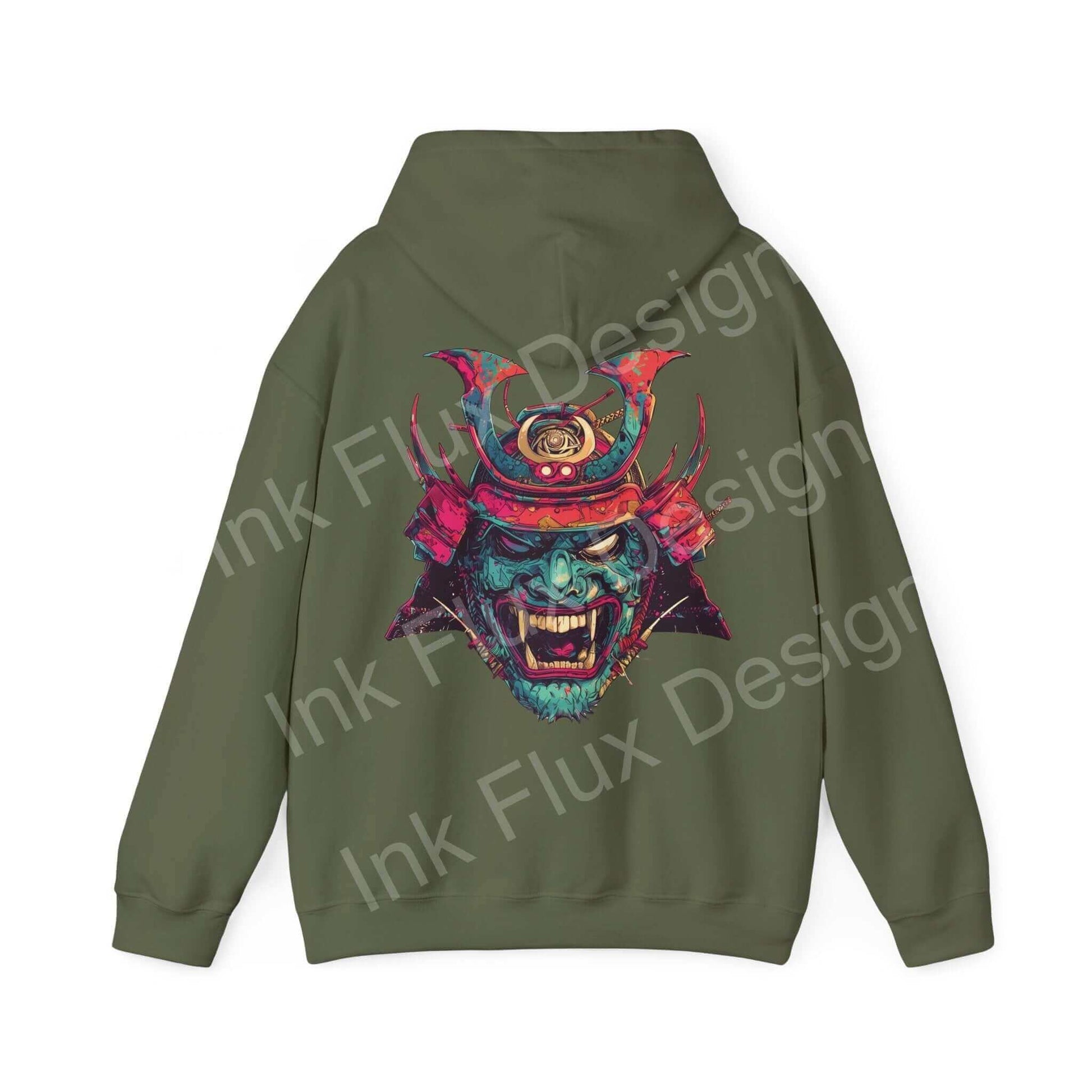Olive green Samurai Mask graphic hoodie featuring bold, colorful design on the back, ideal for stylish, cozy wear.