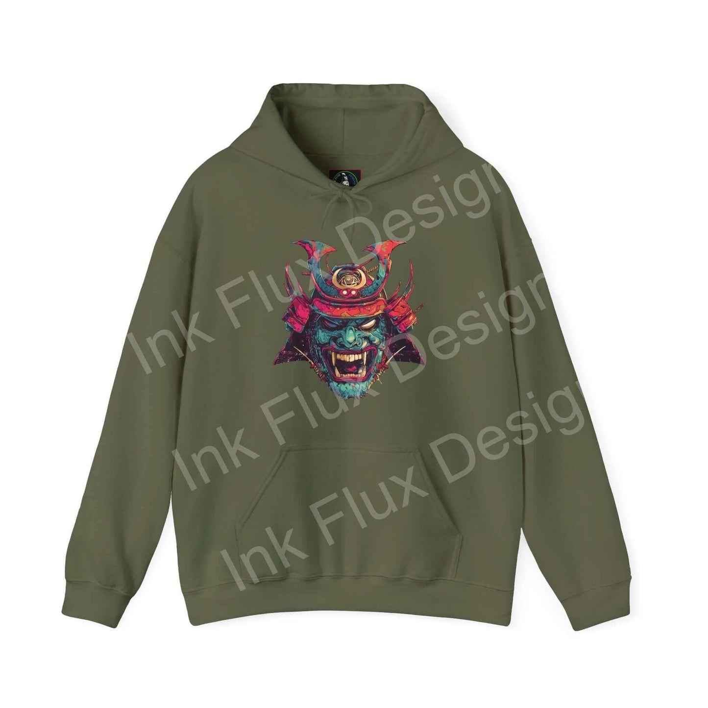 Olive green Samurai Mask graphic hoodie with bold, colorful design on a premium cotton blend fabric, ideal for style and comfort.