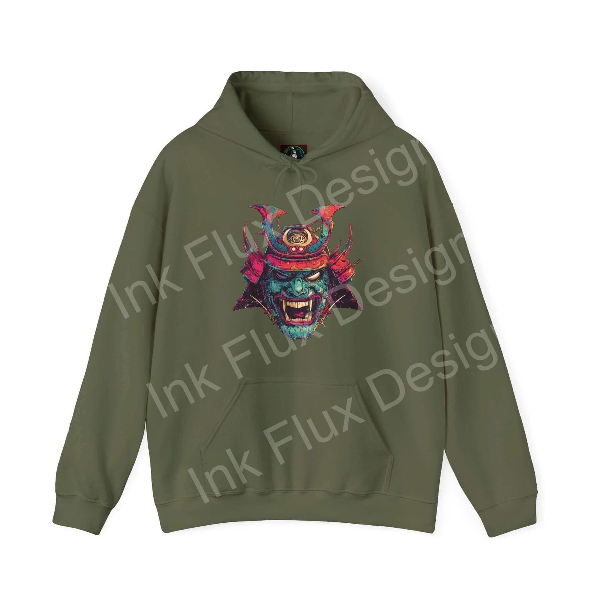 Olive green Samurai Mask graphic hoodie with bold, colorful design on a premium cotton blend fabric, ideal for style and comfort.