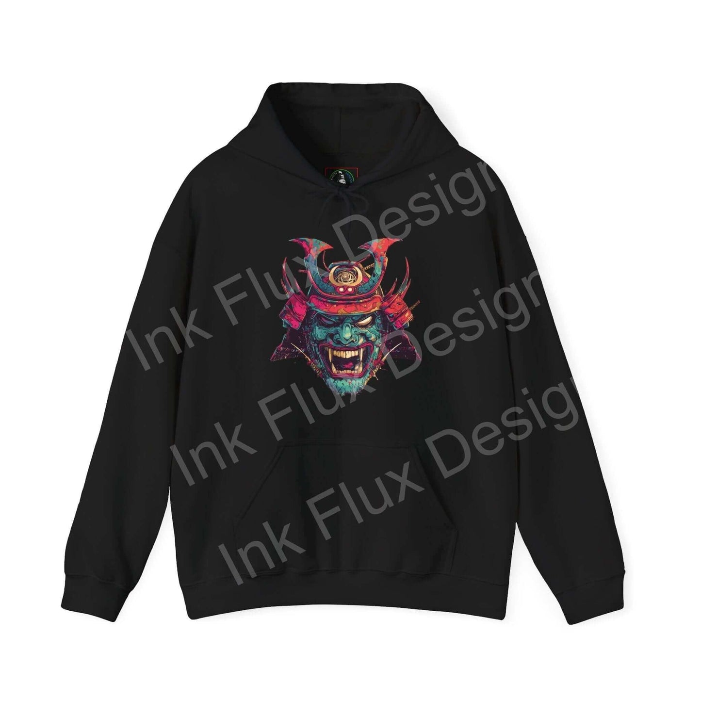 Black Samurai Mask graphic hoodie, featuring bold, colorful designs on a high-quality cotton-polyester blend fabric