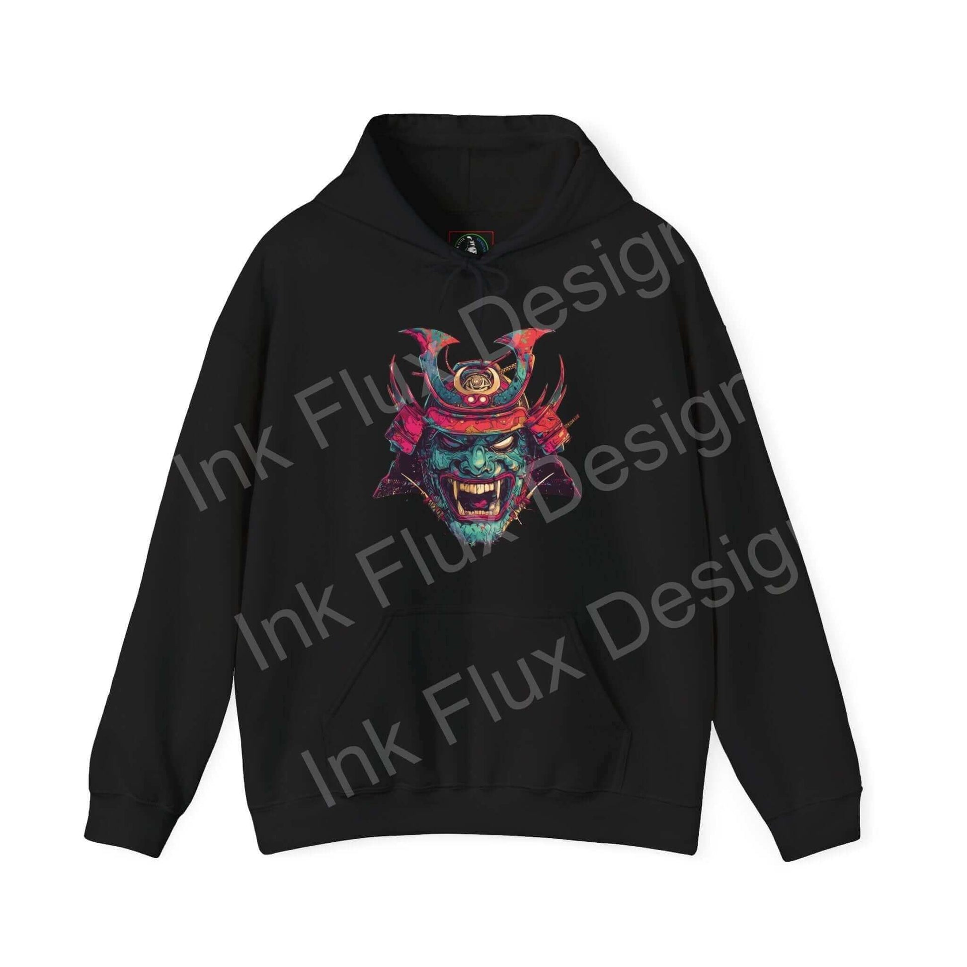 Black Samurai Mask graphic hoodie, featuring bold, colorful designs on a high-quality cotton-polyester blend fabric