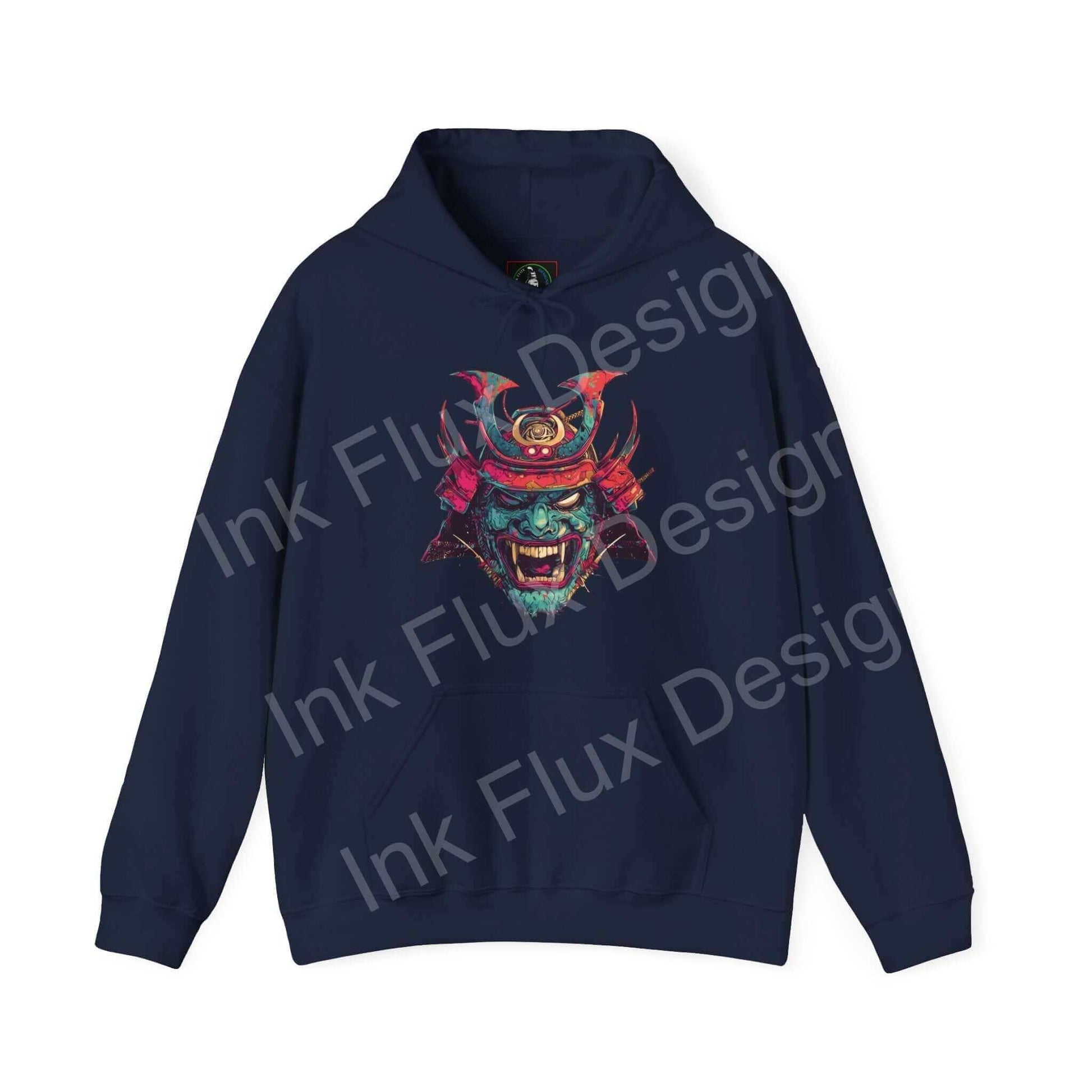 Navy blue Samurai Mask graphic hoodie featuring bold, colorful design on a premium cotton-poly blend for style and comfort.