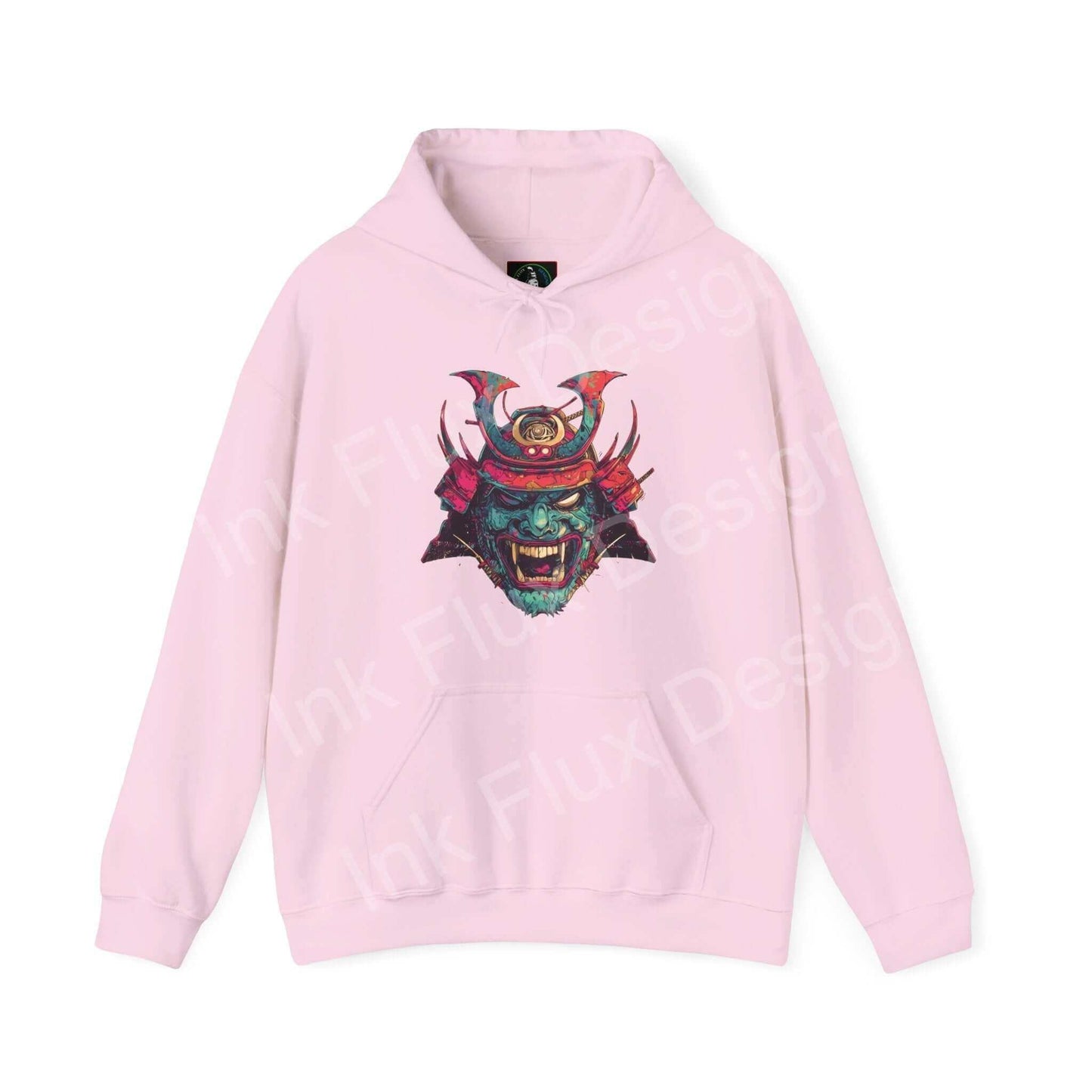Pink Samurai Mask graphic hoodie featuring bold designs on a cozy cotton-polyester blend fabric, ideal for fashion-forward individuals
