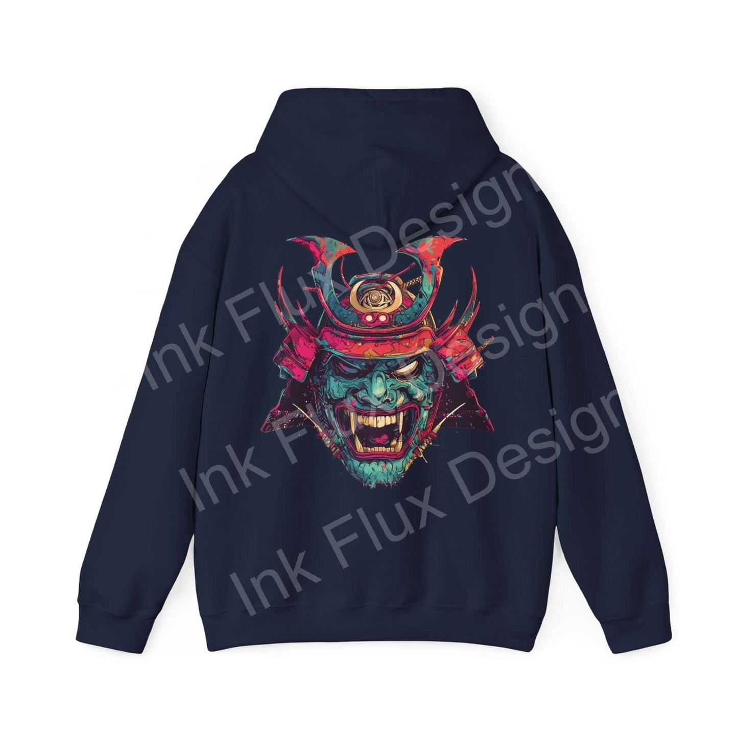 Back view of a dark navy Samurai Mask graphic hoodie, featuring bold, colorful design ideal for fans of unique and stylish hoodies.