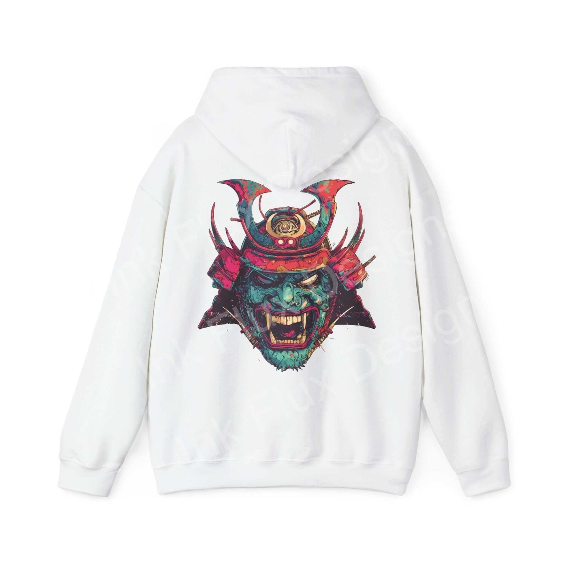 Back view of a white Samurai Mask hooded sweatshirt showcasing a detailed graphic design, ideal for those who love bold, creative hoodies.