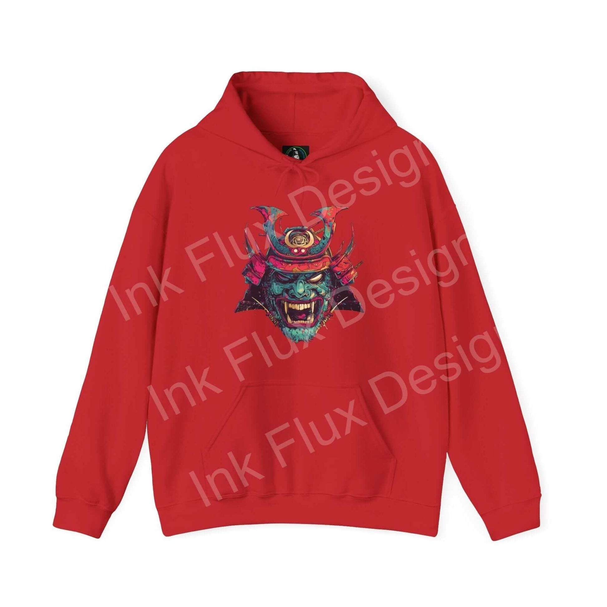 Red Samurai Mask graphic hoodie with bold design on front, cozy cotton-polyester blend, ideal for style and warmth