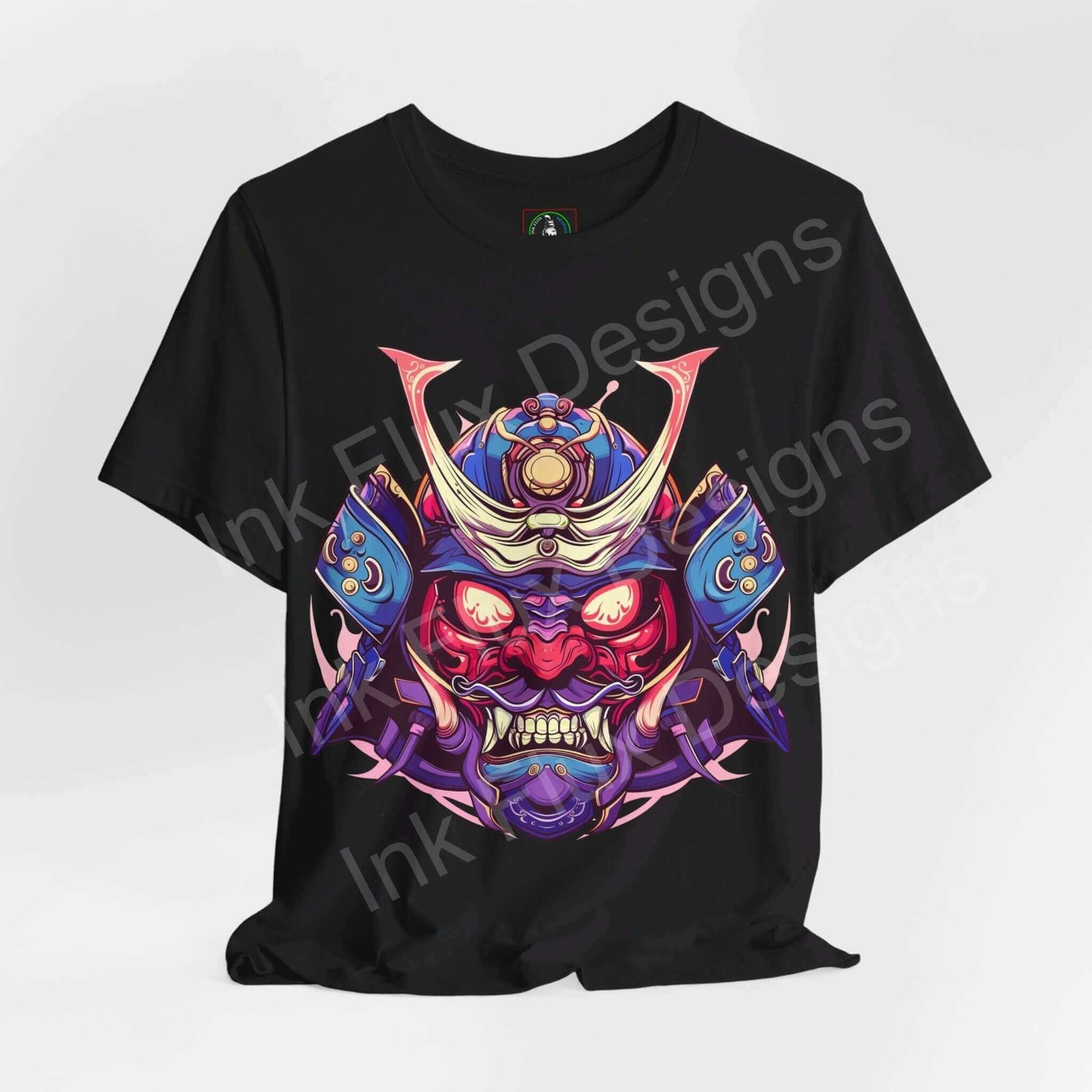 Black unisex T-shirt featuring a bold graphic of a colorful Samurai Mask II design, made from sustainable Airlume cotton by Bella+Canvas.