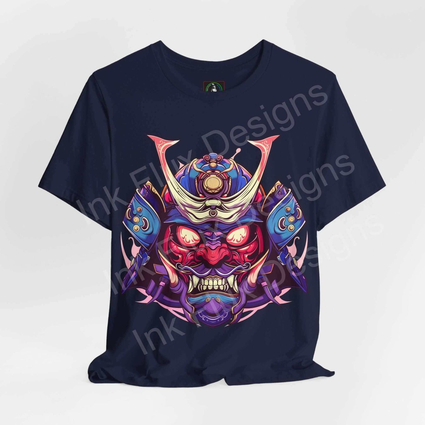 Navy blue unisex T-shirt featuring a bold Samurai Mask II graphic in vibrant red, purple, and gold tones, designed by Bella+Canvas for style and comfort.