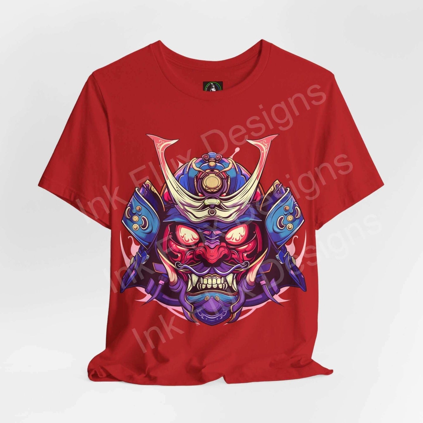 Red unisex jersey T-shirt featuring a bold Samurai Mask II graphic design, perfect for style and comfort.