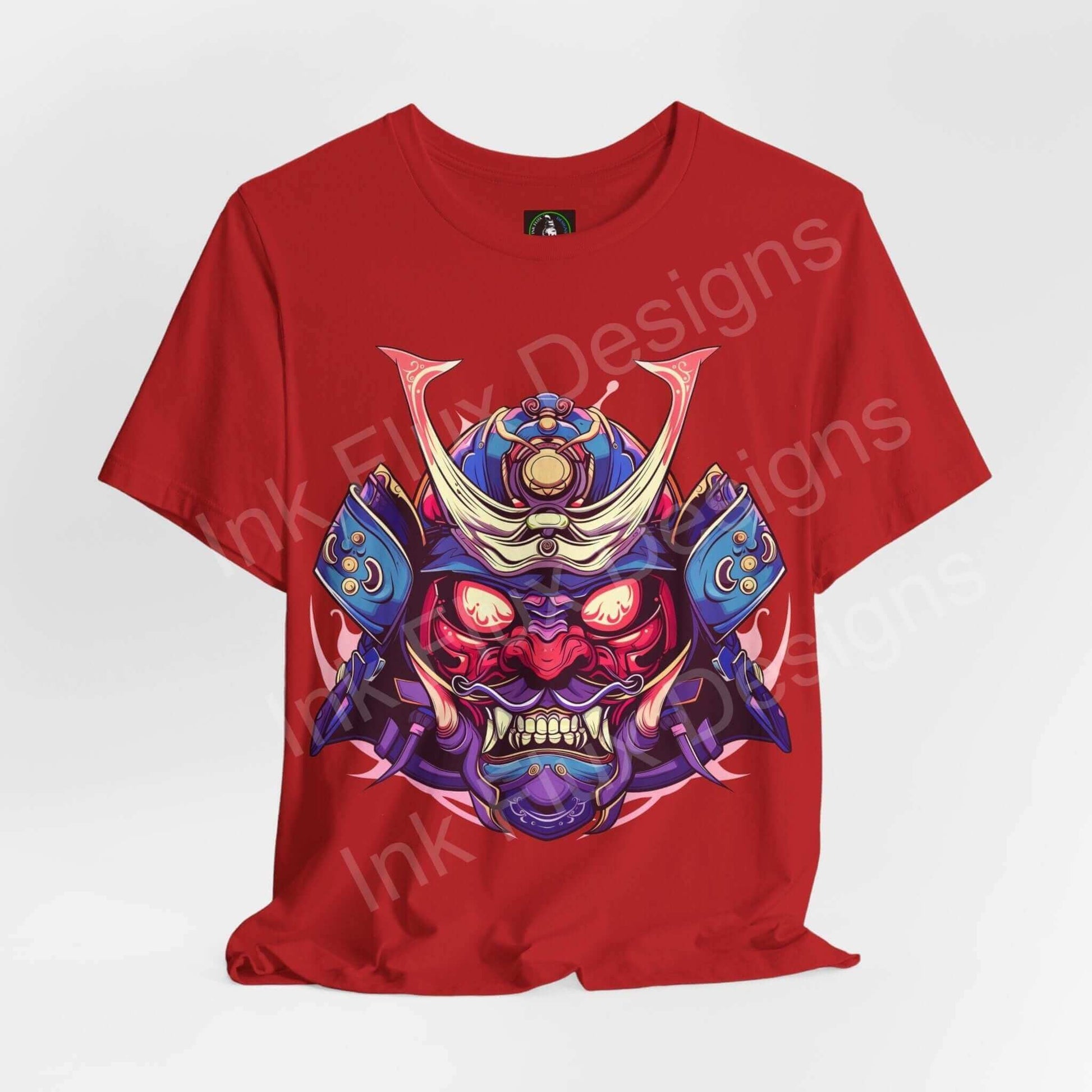 Red unisex jersey T-shirt featuring a bold Samurai Mask II graphic design, perfect for style and comfort.