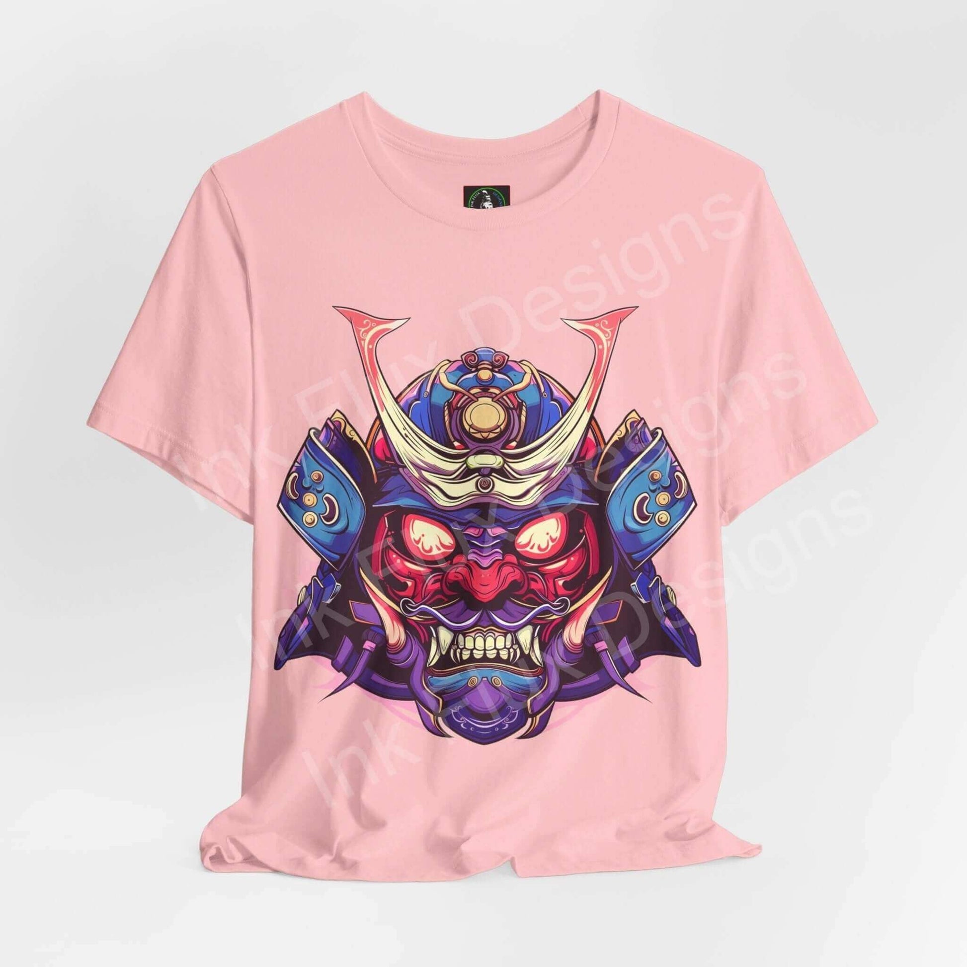 Pink graphic tee featuring a bold Samurai Mask II design, made from breathable Airlume cotton, perfect for style and comfort.