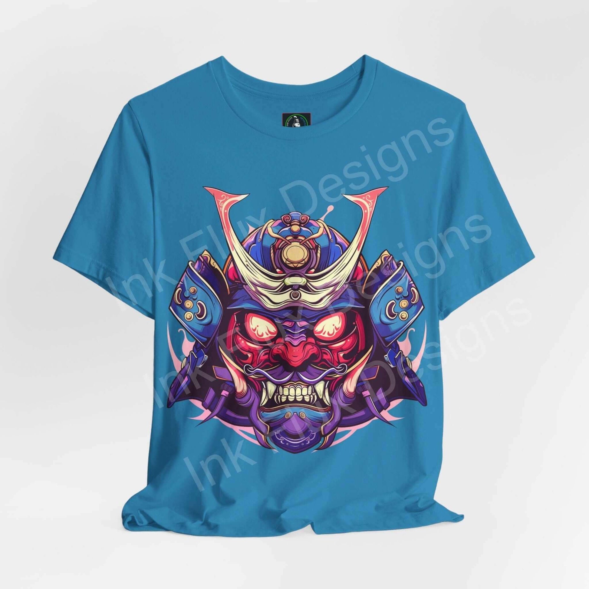 Bold graphic Samurai Mask II on a blue unisex T-shirt, showcasing intricate design and vibrant colors, ideal for stylish comfort.