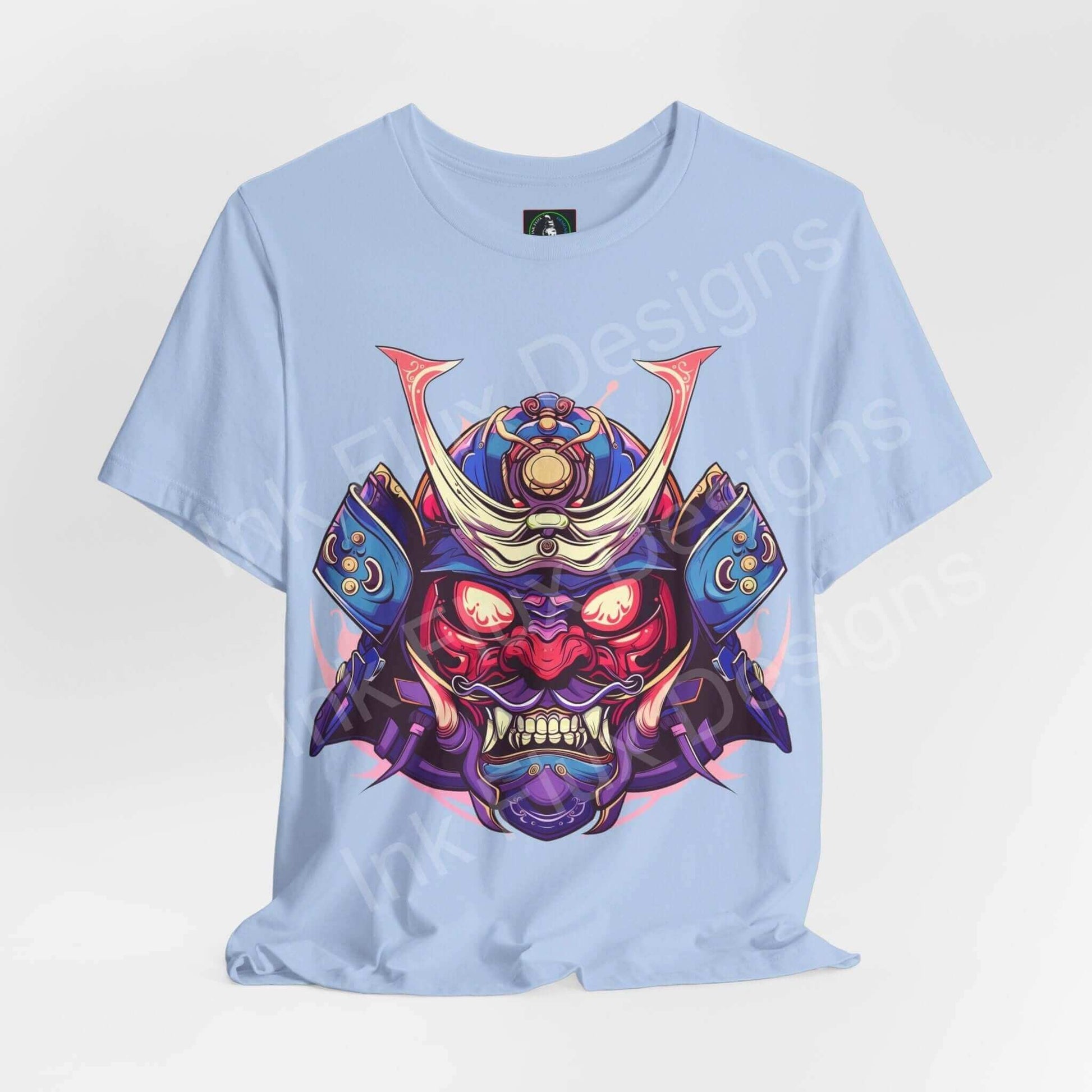 Light blue unisex Samurai Mask II graphic tee with intricate bold graphics, ethically made by Bella+Canvas.
