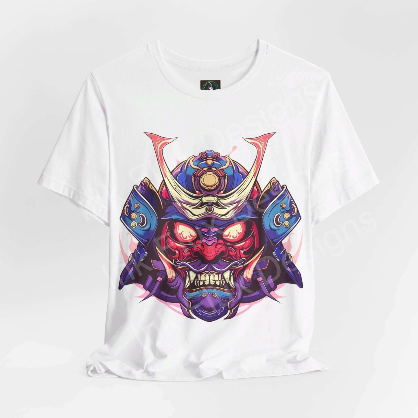 White unisex jersey T-shirt featuring a bold Samurai Mask II graphic design, crafted from Airlume cotton, perfect for style and comfort.