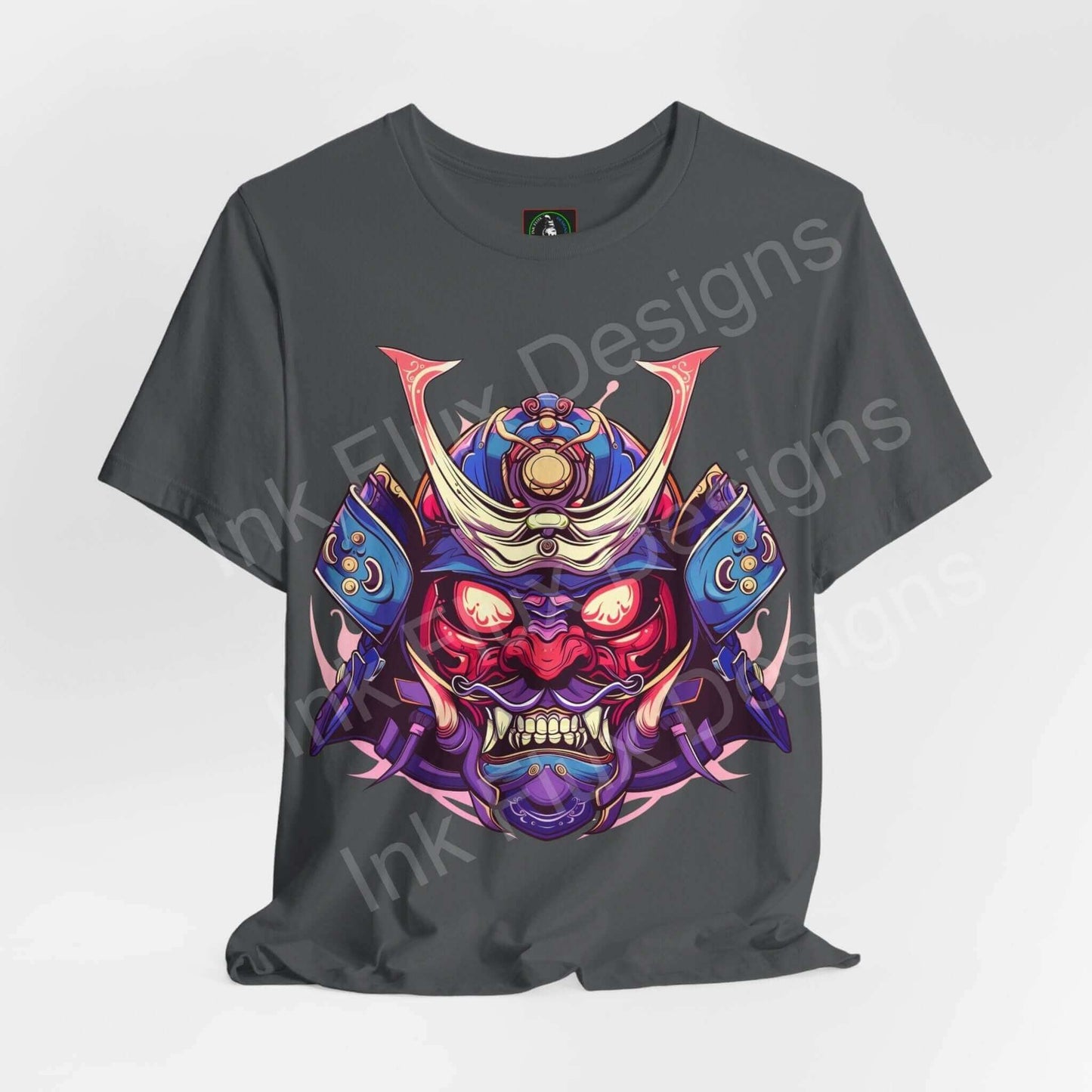 Samurai Mask II graphic tee featuring a bold, multicolored samurai mask design on a gray T-shirt, perfect for style and comfort.
