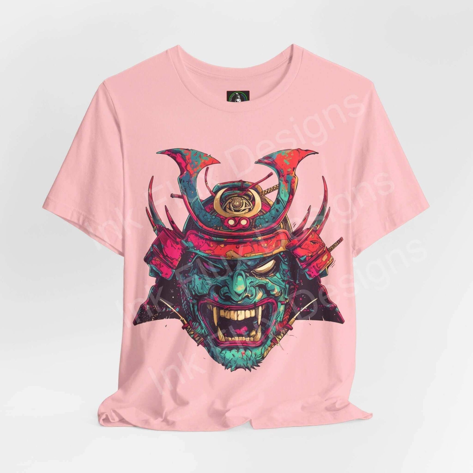 Pink unisex jersey T-shirt featuring a bold graphic samurai mask design, crafted by Bella+Canvas, ideal for style and comfort.