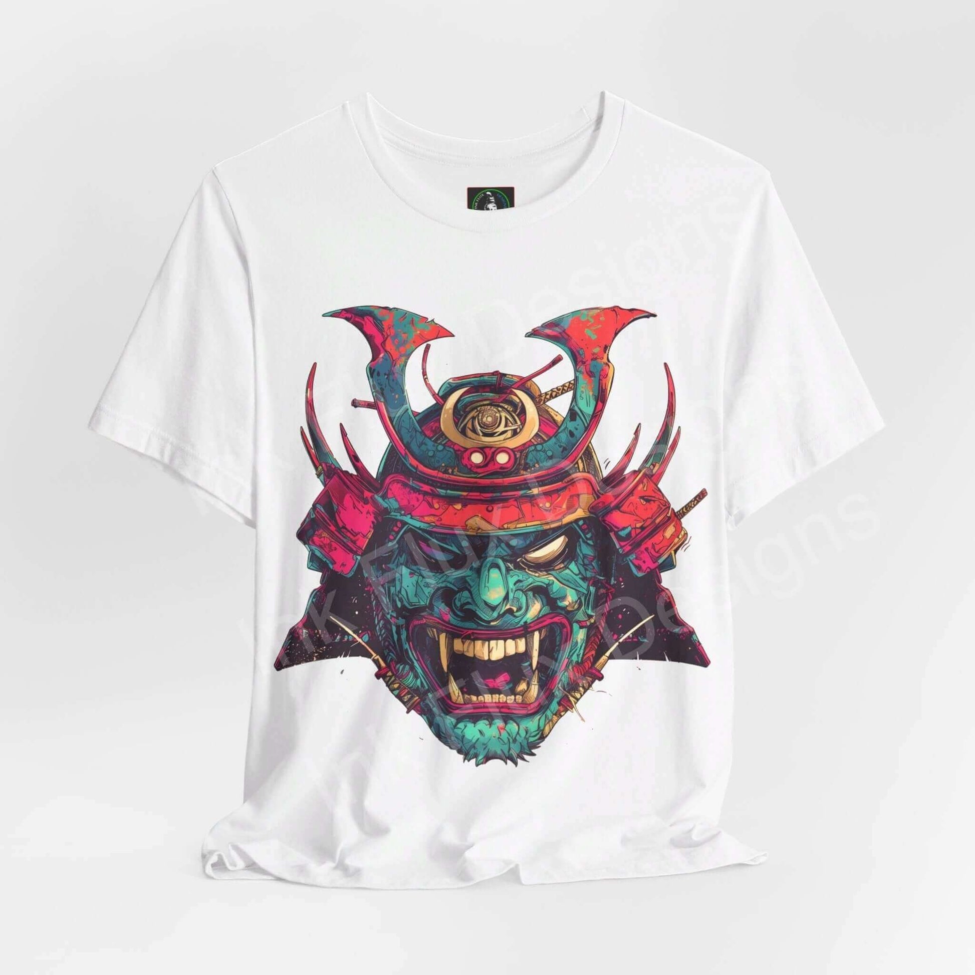 Bold graphic tee featuring a colorful samurai mask design on a white unisex jersey T-shirt, ideal for style and comfort.