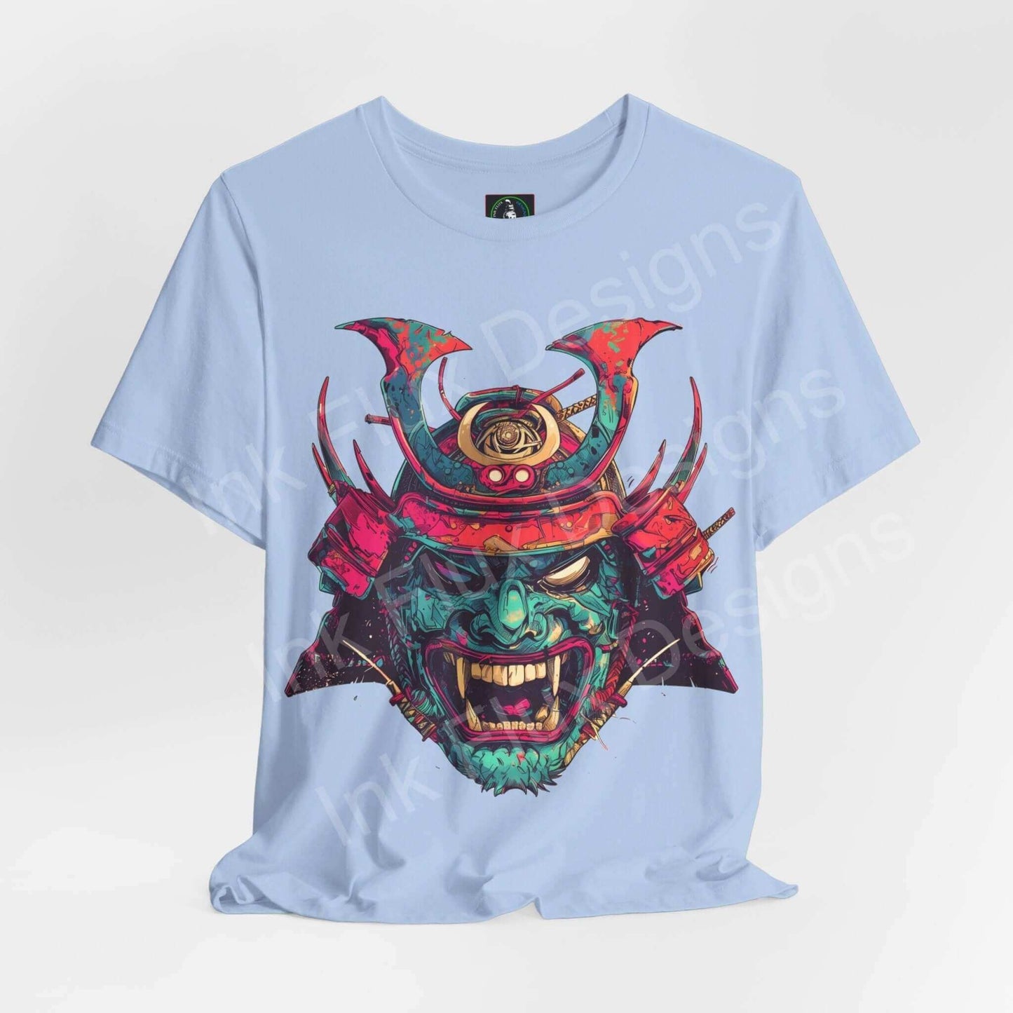 Light blue unisex jersey T-shirt featuring a bold graphic Samurai mask design, ideal for style and comfort.
