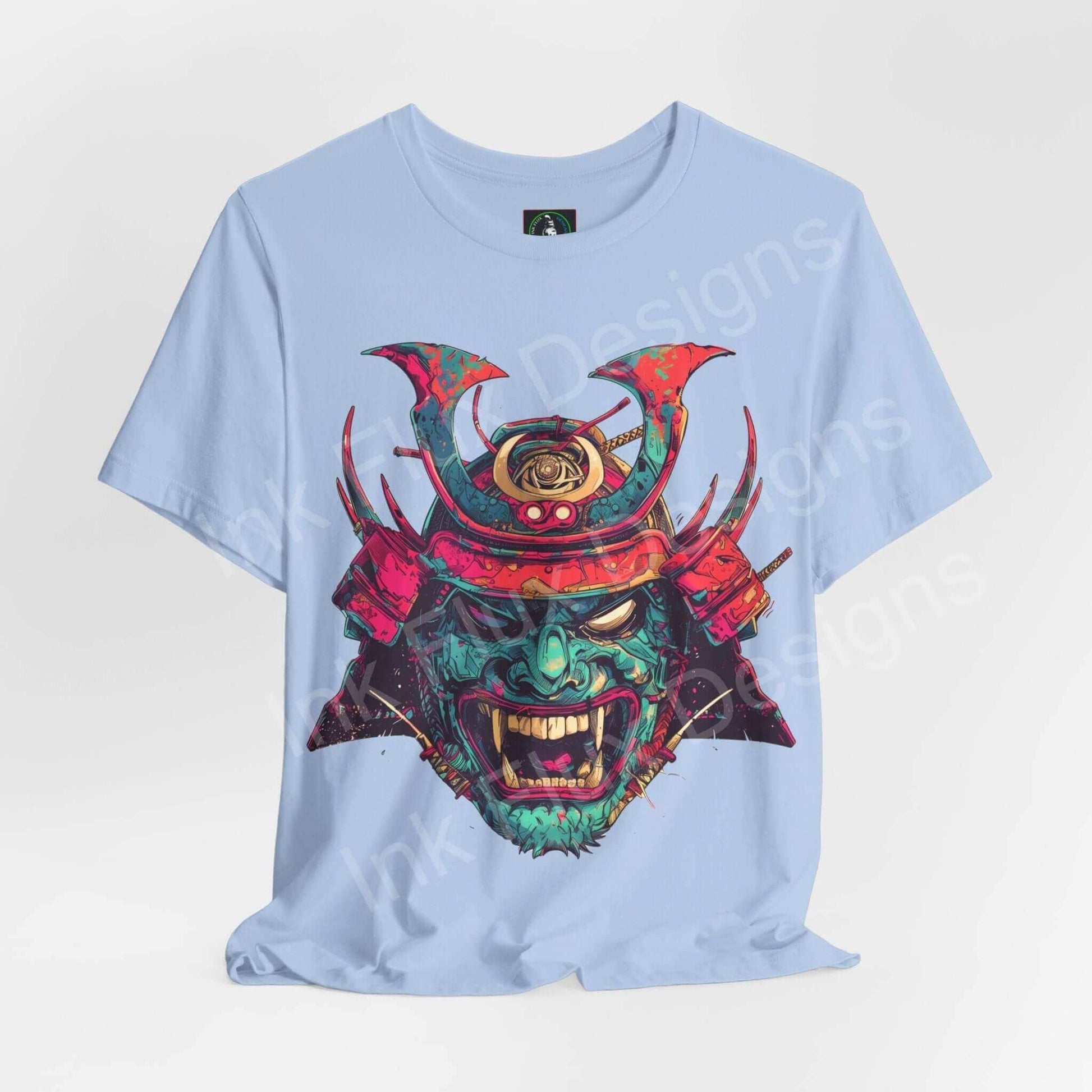 Light blue unisex jersey T-shirt featuring a bold graphic Samurai mask design, ideal for style and comfort.