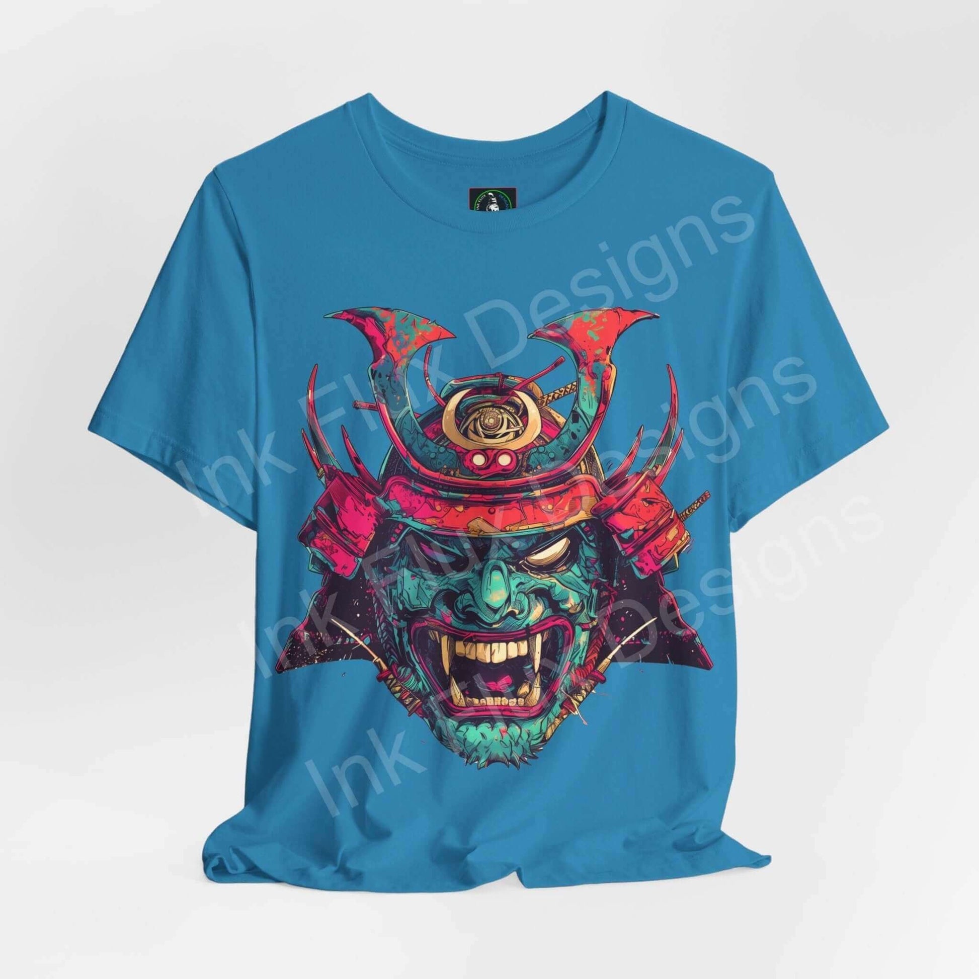 Bold graphic Samurai Mask design on a turquoise T-shirt, featuring vibrant colors and intricate details, perfect for graphic tee enthusiasts.