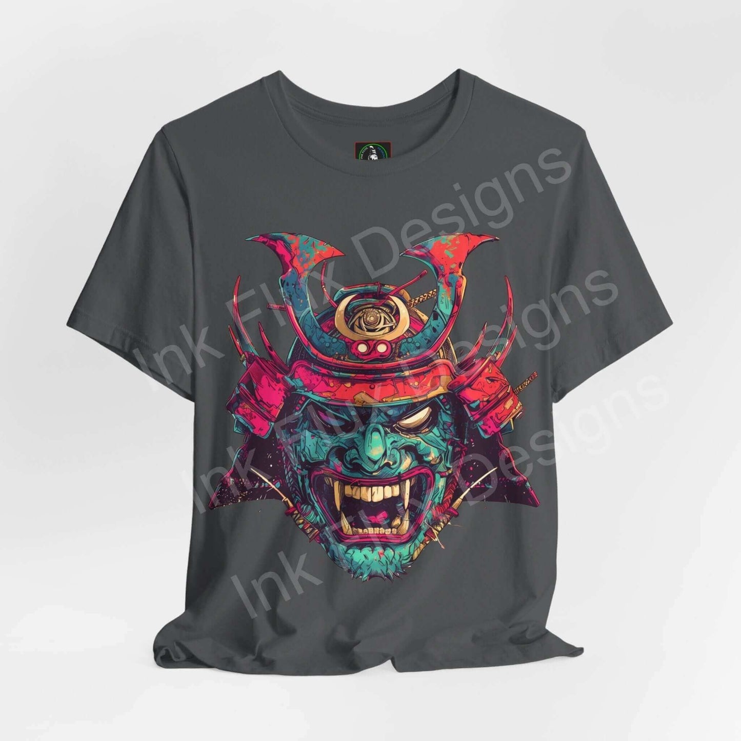 Bold graphic Samurai mask design on a unisex grey jersey T-shirt, featuring vibrant colors and detailed artistry, perfect for style and comfort.