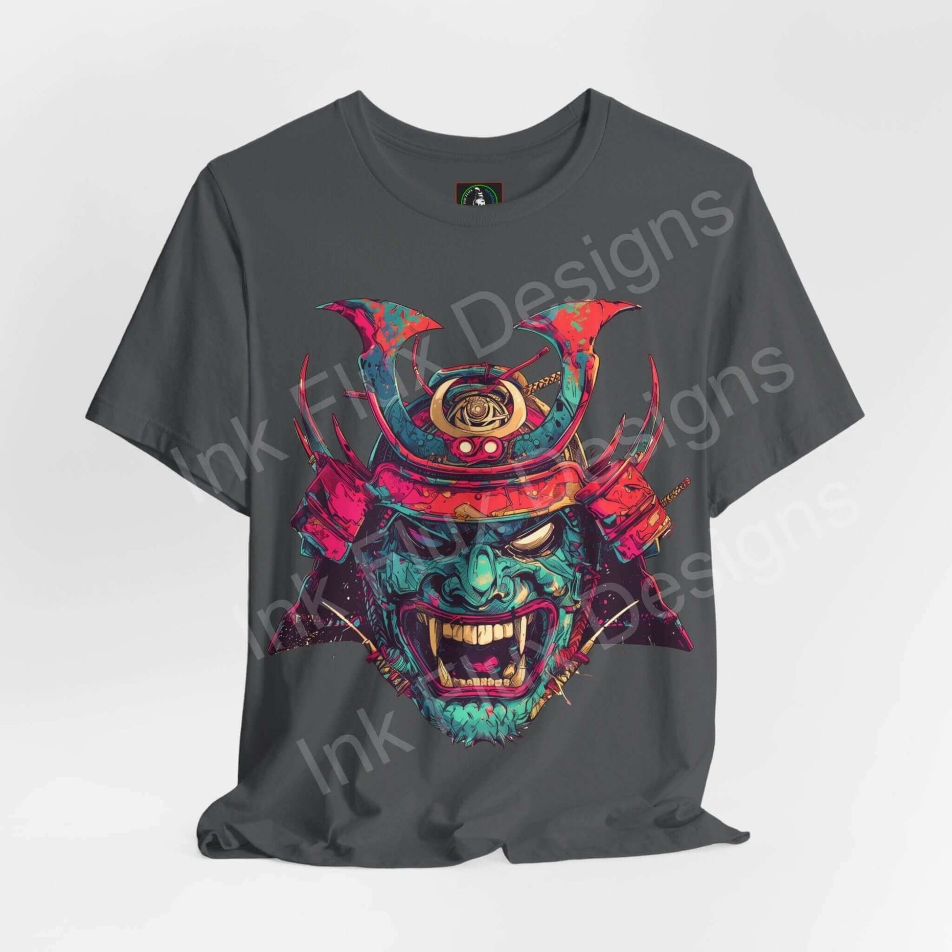 Bold graphic Samurai mask design on a unisex grey jersey T-shirt, featuring vibrant colors and detailed artistry, perfect for style and comfort.