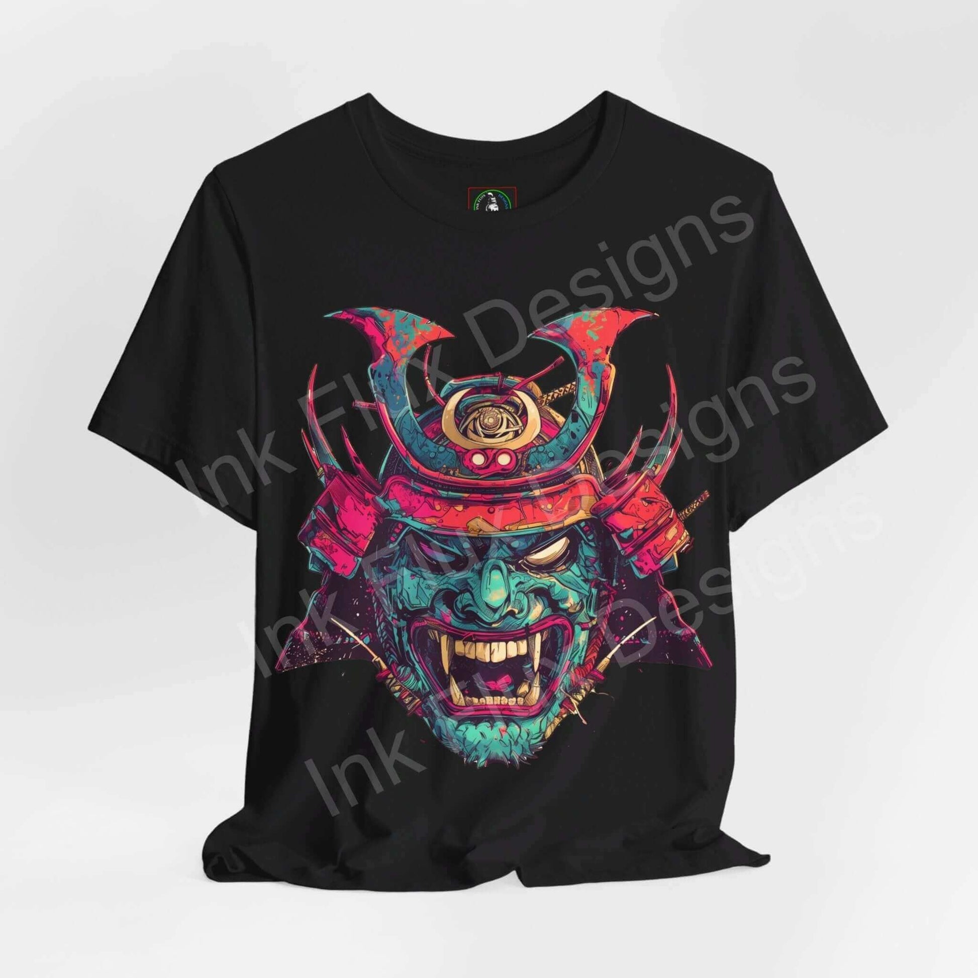 Black unisex jersey T-shirt featuring a bold, colorful Samurai mask graphic design, perfect for those who love unique graphic tees.