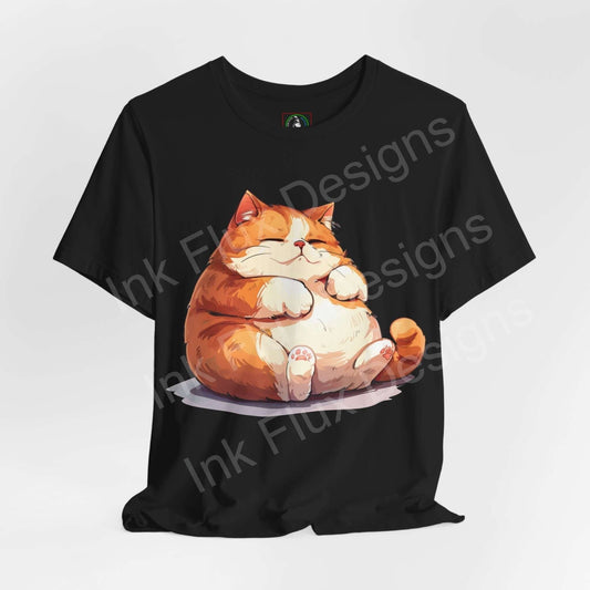 Graphic tee with a cute cat design, showcasing a comfy black T-shirt with a large illustration of a chubby orange cat, perfect for cat lovers.