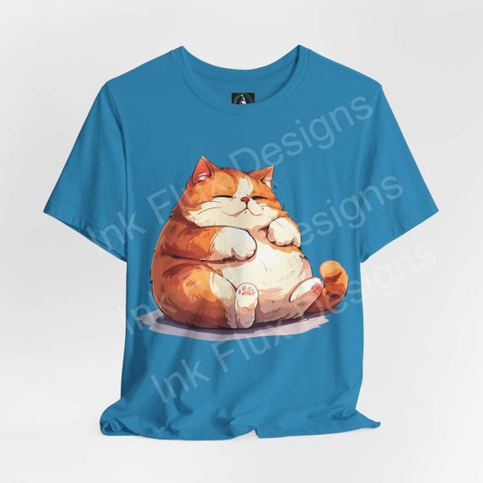 Blue unisex T-shirt featuring a graphic of a chubby orange cat, perfect for cat lovers and casual wear.