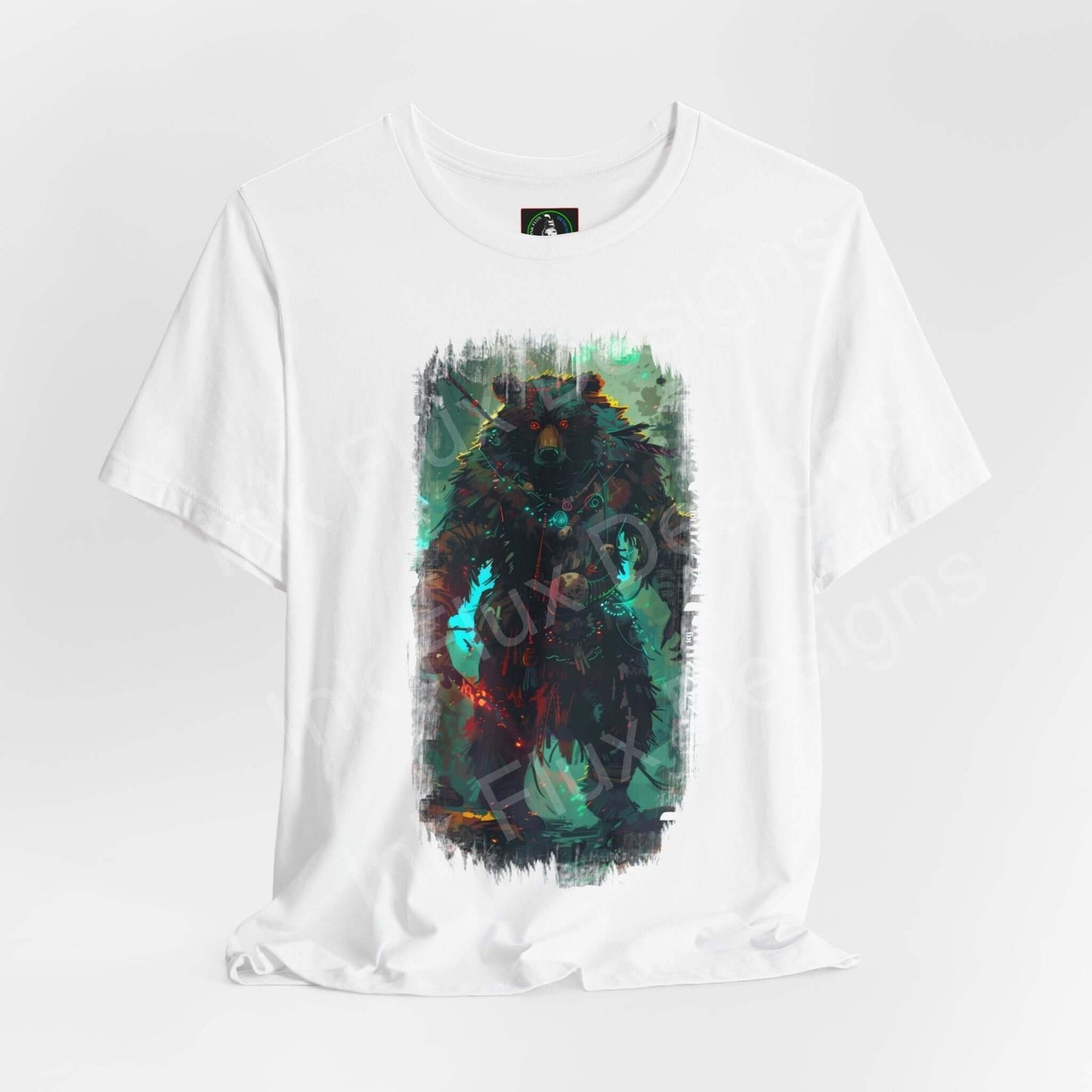 Unisex white graphic tee featuring a vibrant Shamanistic Bear design, ideal for fans of spirit animals and ethically made T-shirts.