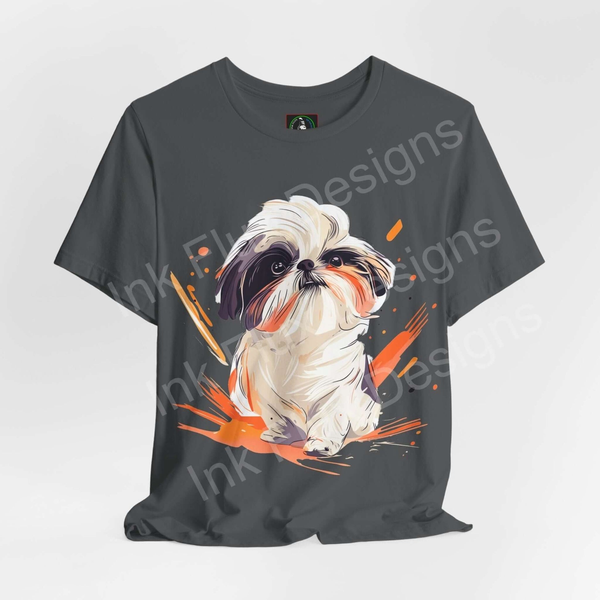 Stylish unisex olive green T-shirt featuring a vibrant graphic of a Shih Tzu, ideal for dog lovers and designed for comfort and durability.