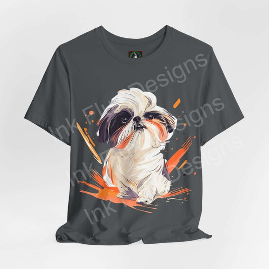 Stylish unisex olive green T-shirt featuring a vibrant graphic of a Shih Tzu, ideal for dog lovers and designed for comfort and durability.